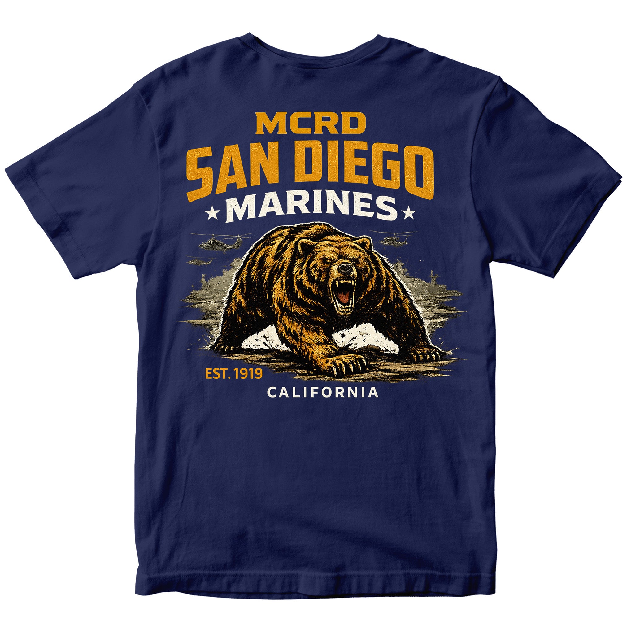 MCRD San Diego Marines T-shirt with bear graphic and Eagle Globe and Anchor. Navy United States Marine Corps MCRD San Diego Tee