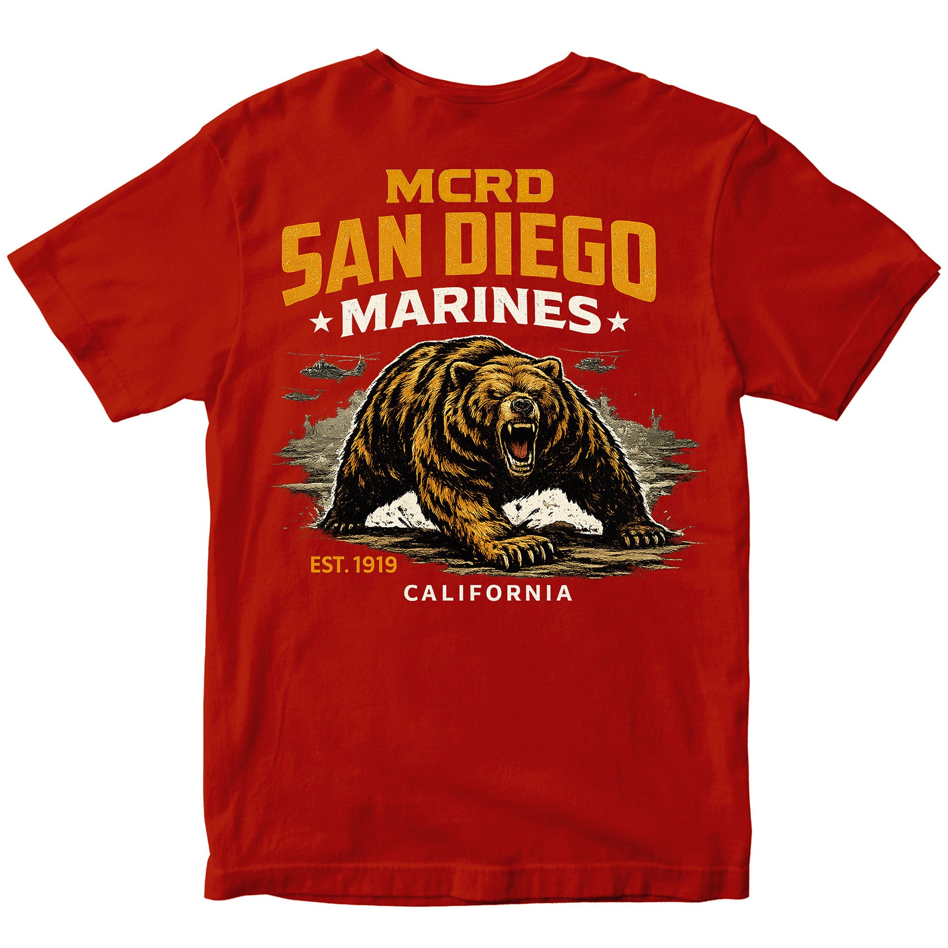 MCRD San Diego Marines T-shirt with bear graphic and Eagle Globe and Anchor. Red United States Marine Corps MCRD San Diego Tee