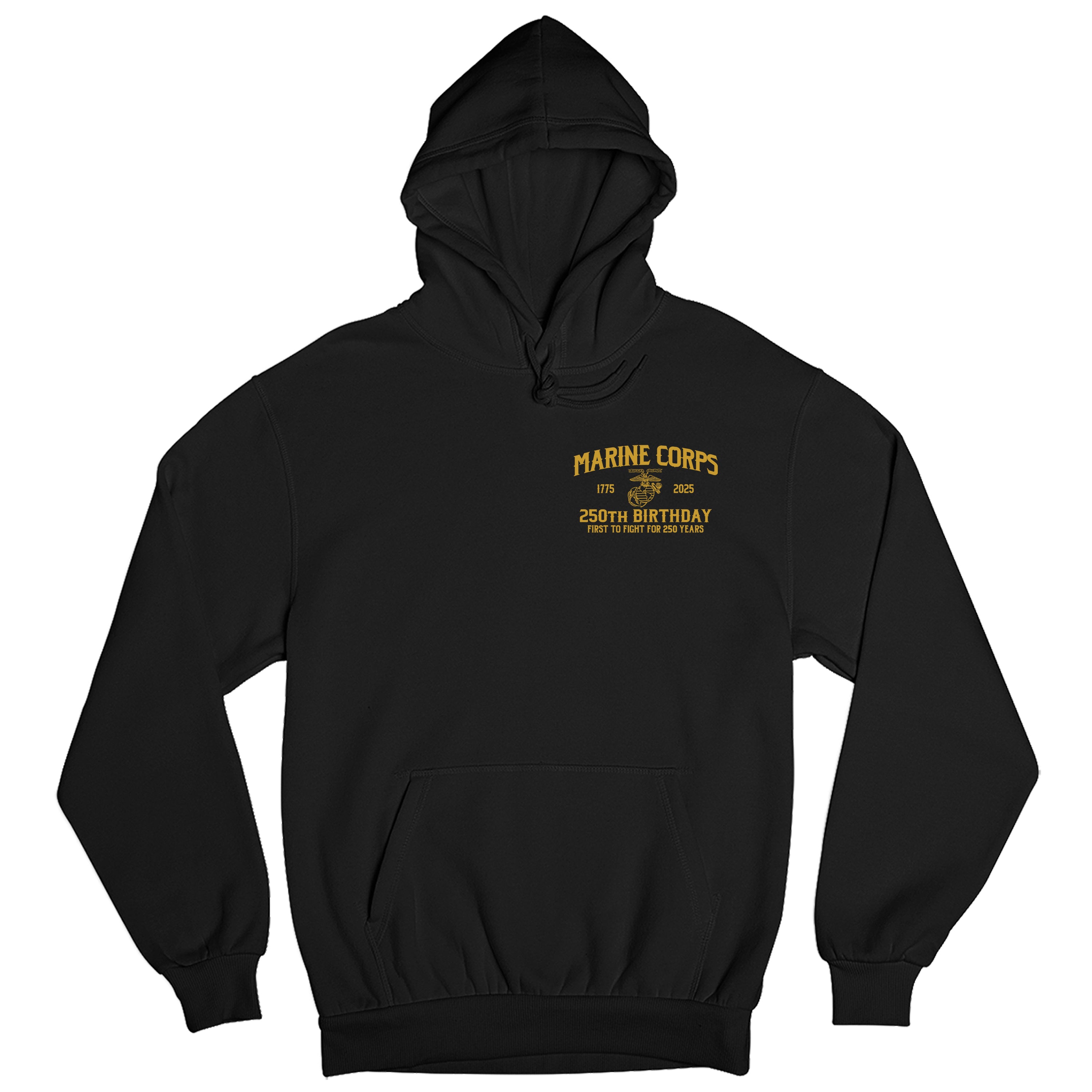 Marine Corps 250th Birthday Born in a Bar hoodie in black, featuring front chest seal with Eagle, Globe, and Anchor 