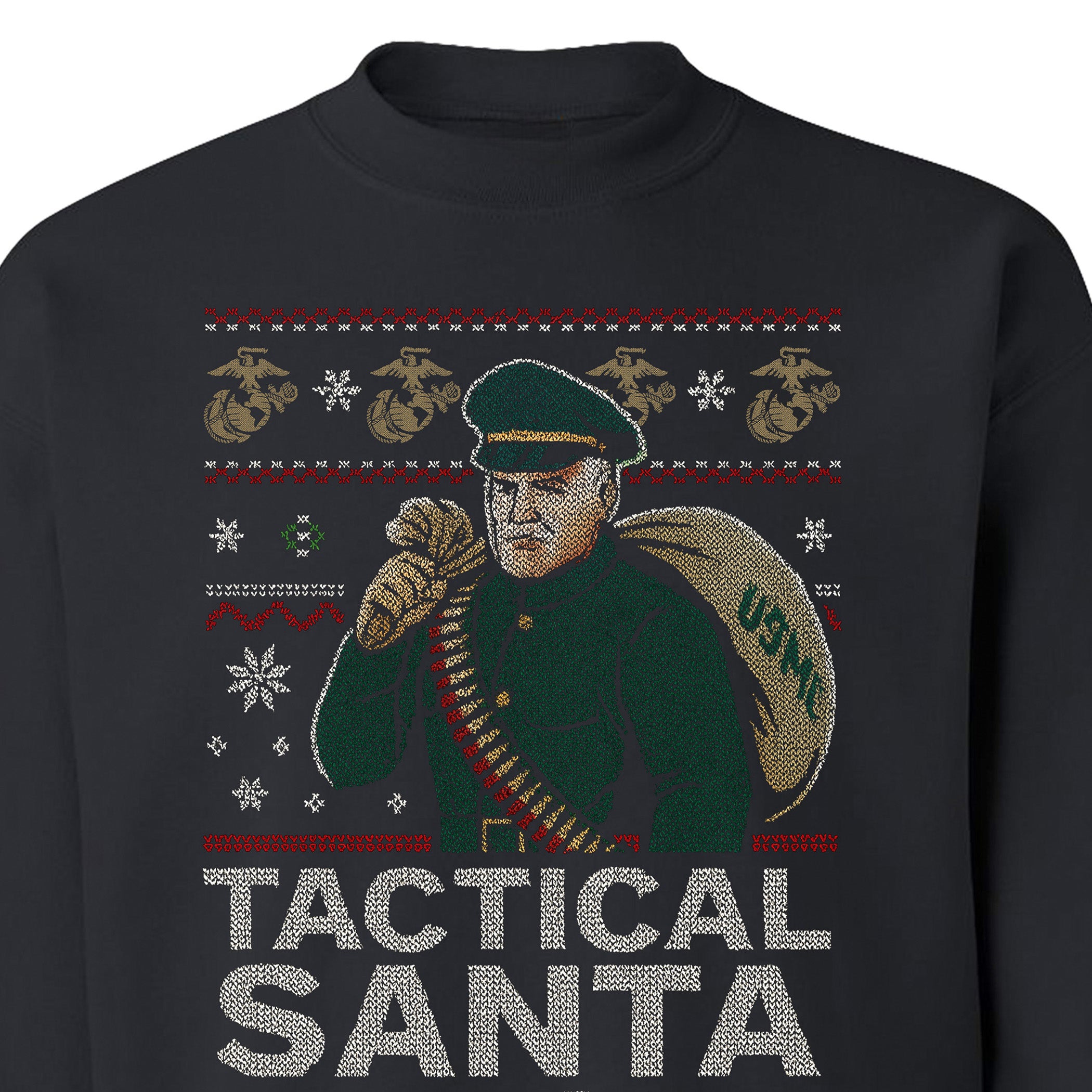 Black USMC Christmas sweatshirt featuring a knitted-style Tactical Santa carrying a USMC seabag with ammo belt, surrounded by snowflakes, EGAs, and bold text ‘Tactical Santa Drop.’” Marines Christmas Sweatshirt