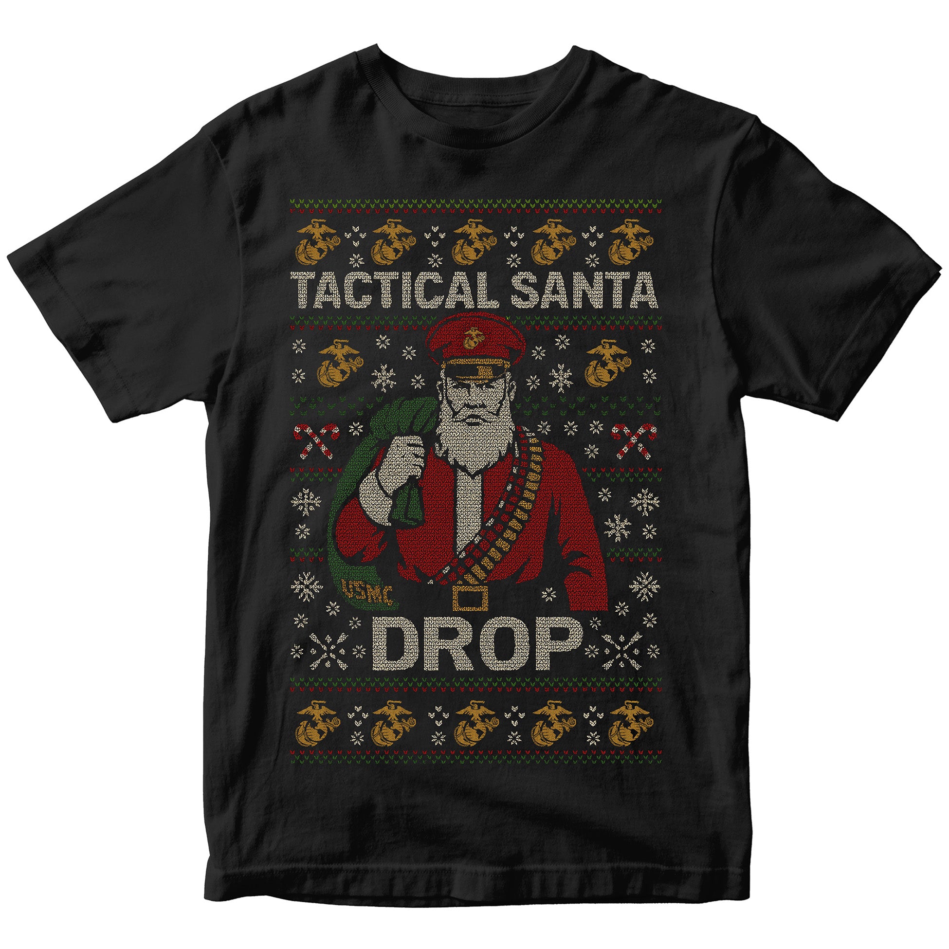 Black USMC Christmas T-shirt featuring stitched-style Tactical Santa in red uniform with ammo belt, USMC seabag, snowflakes, candy cane patterns, and bold text ‘Tactical Santa Drop.’ Marines Christmas Tee