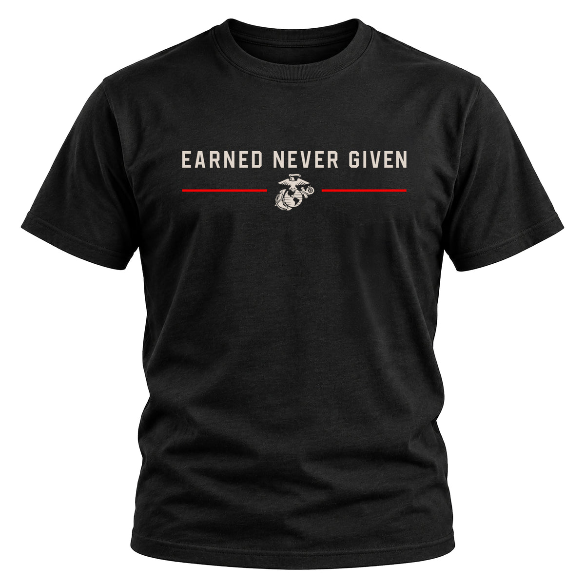 Black The Title Is Earned Never Given T-Shirt with Earned Never Given front graphic, EGA, red accent lines