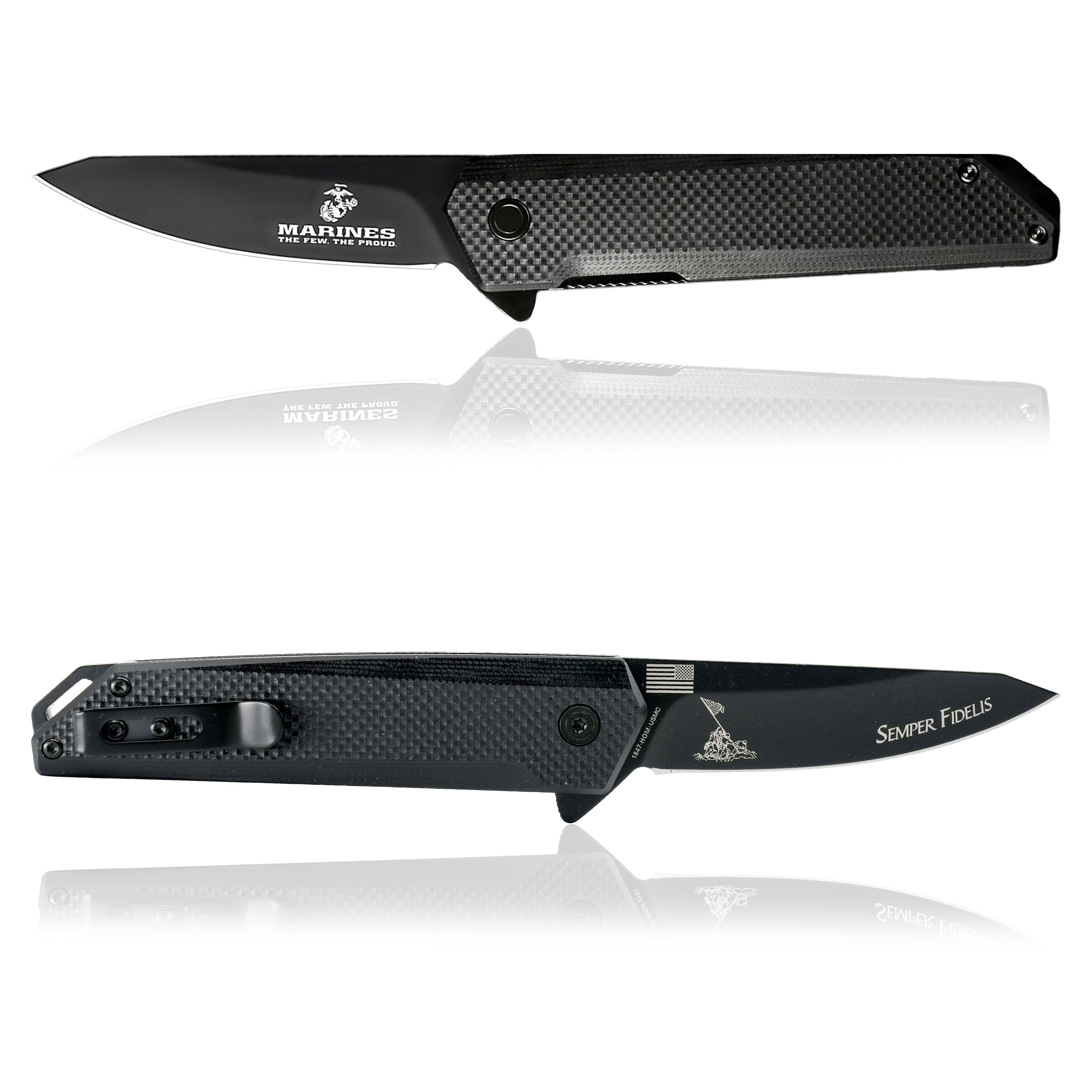 Black Marine Corps pocket knife with titanium-coated blade and G10 handle