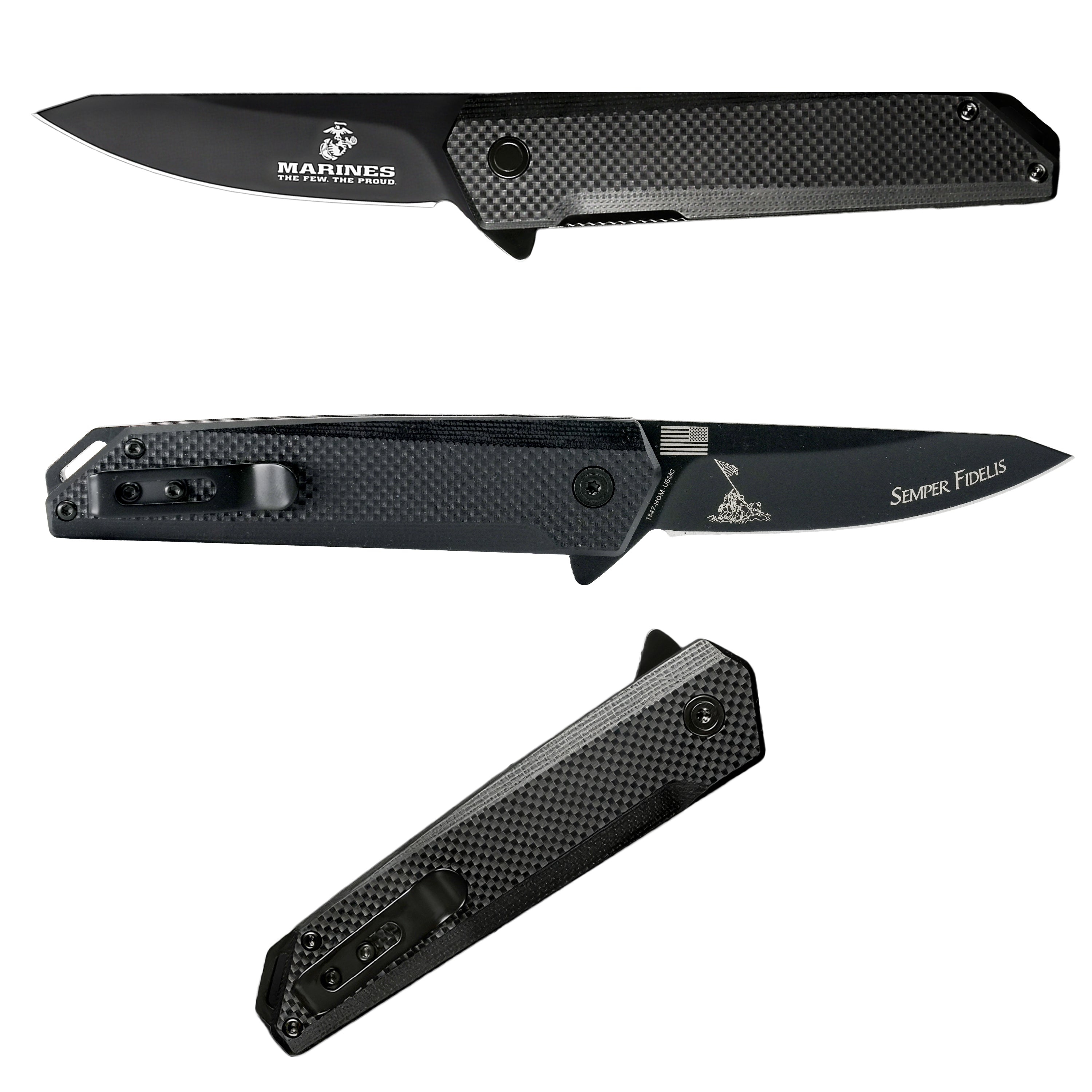 USMC titanium-coated folding knife with G10 handle and engraved Semper Fidelis blade