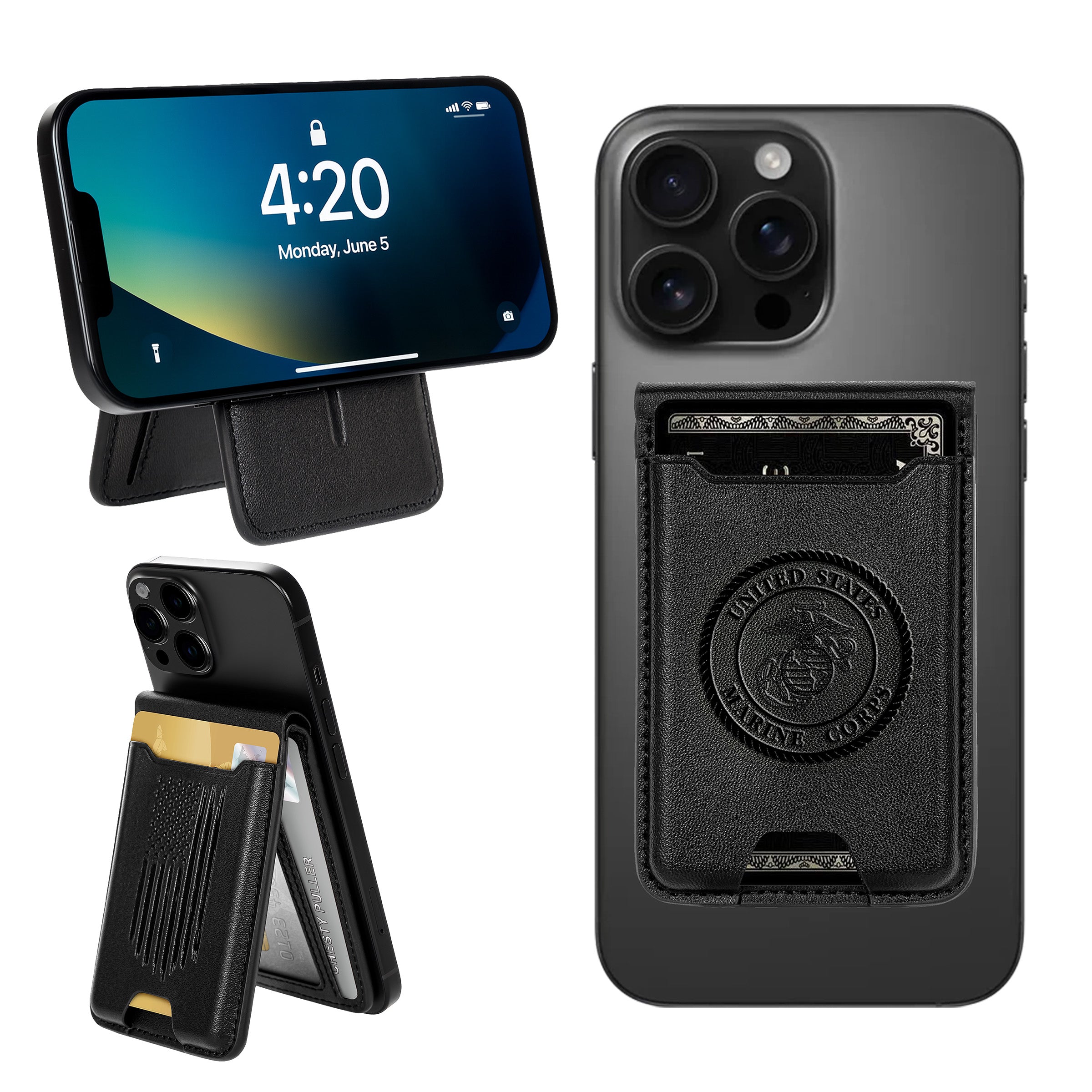 Black phone case with cardholder and stand feature on a white background