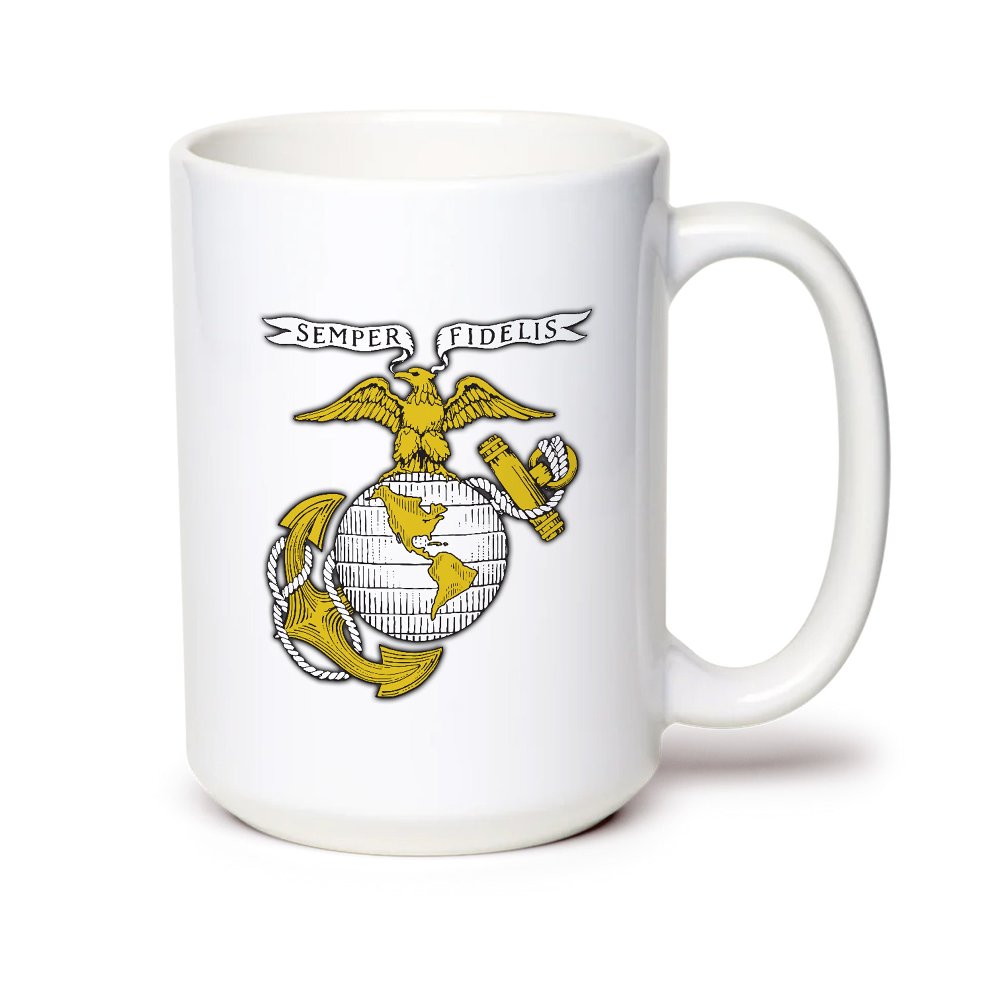 White USMC mug with Marines  Eagle, Globe & Anchor emblem and ‘Semper Fidelis’ text