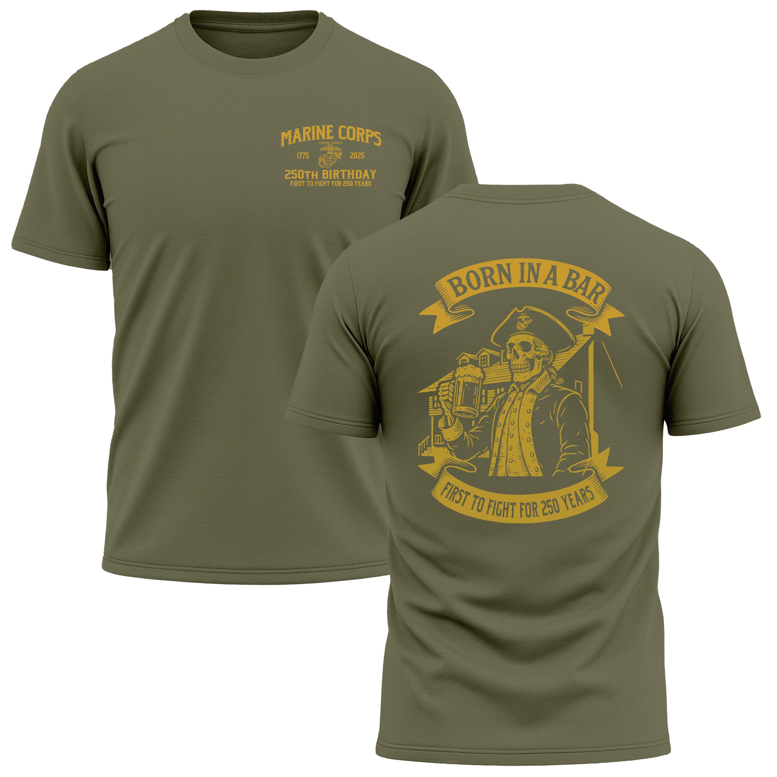 Marine Corps 250th Birthday Born in a Bar performance t-shirt. Featuring a front chest seal with Eagle, Globe, and Anchor and back graphic of skeleton Marine at Tun Tavern with Born in a Bar banner. USMC 250th Anniversary Tee