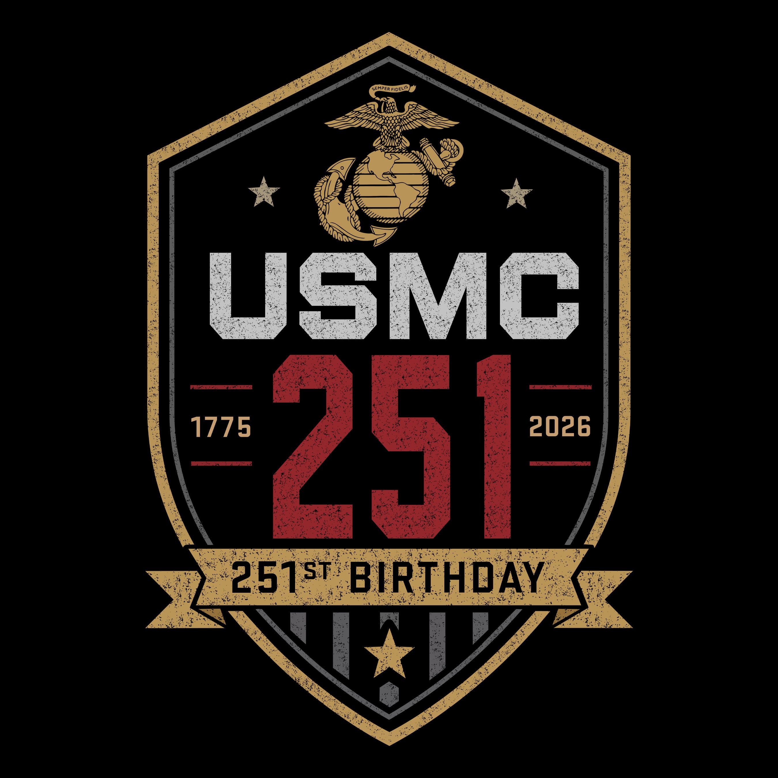 USMC 251st Birthday 1775–2026 shield back graphic and Eagle Globe and Anchor chest design