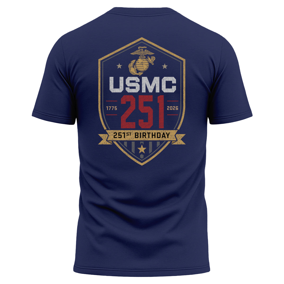 Navy USMC 251st Birthday performance T-shirt 1775–2026 with shield back graphic