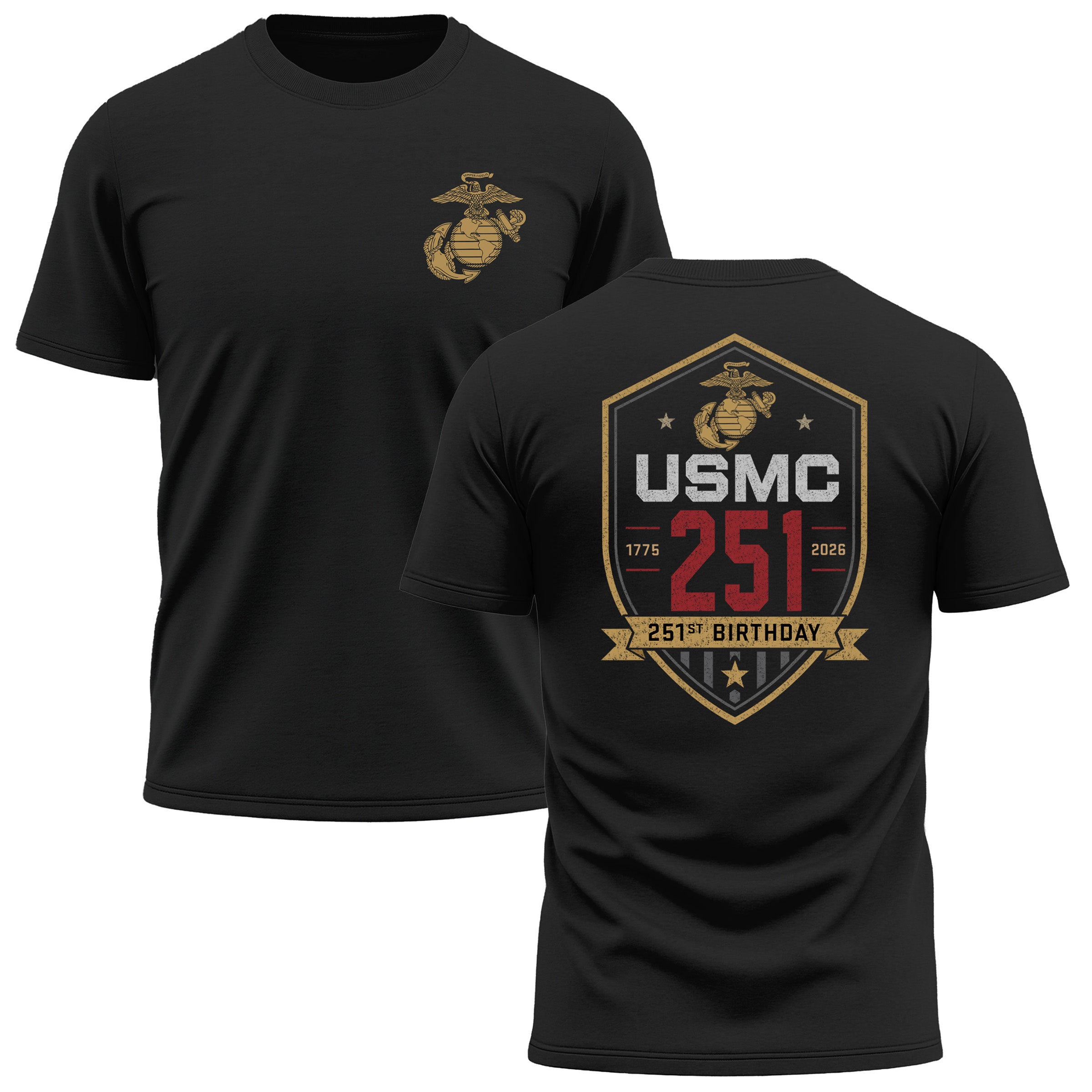Black USMC 251st Birthday performance T-shirt 1775–2026 with shield back graphic and Eagle Globe and Anchor chest design