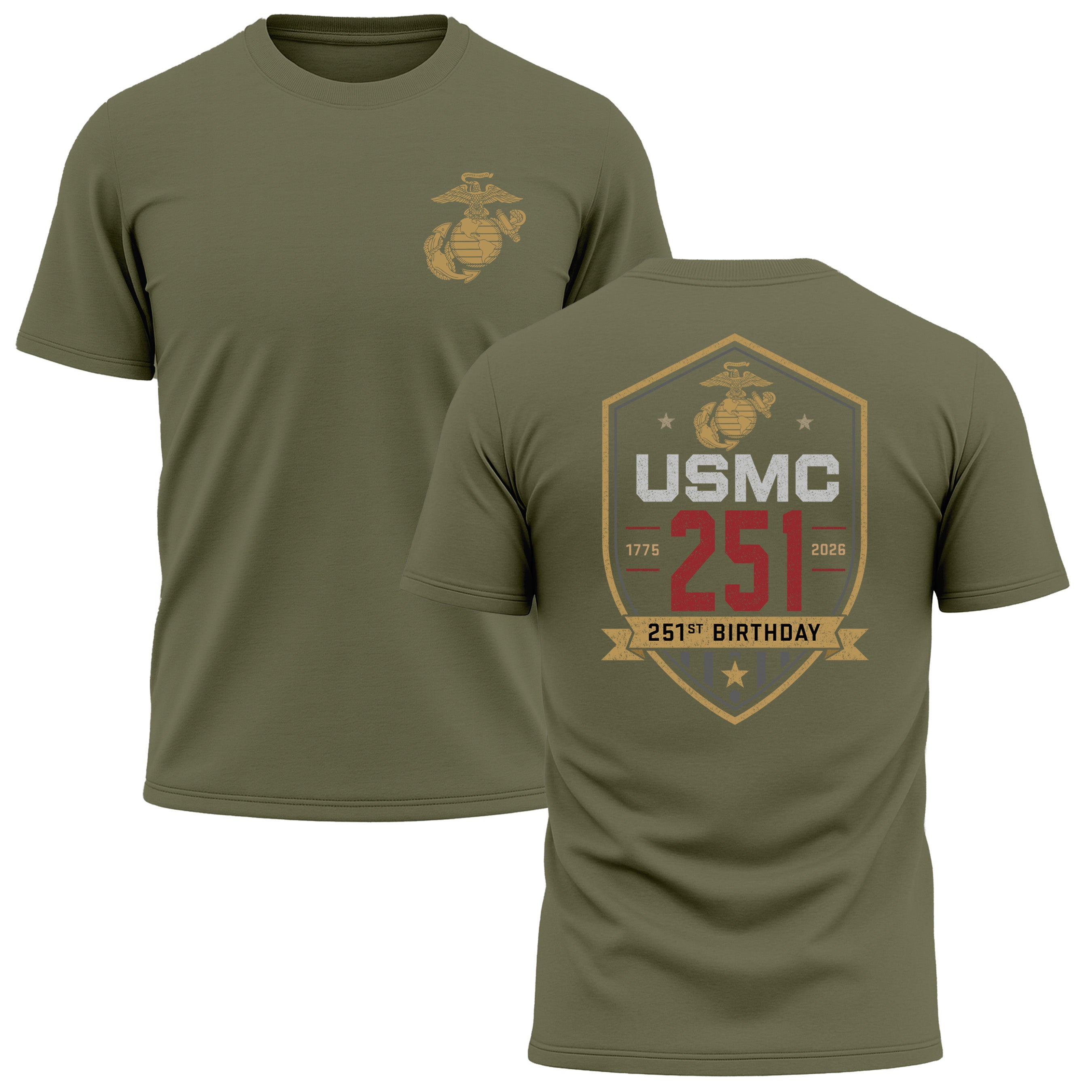 OD Green USMC 251st Birthday performance T-shirt 1775–2026 with shield back graphic and Eagle Globe and Anchor chest design