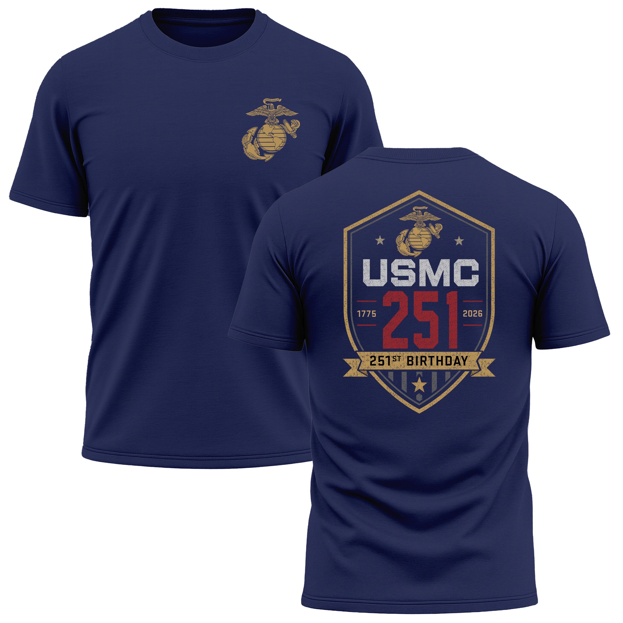 Navy USMC 251st Birthday performance T-shirt 1775–2026 with shield back graphic and Eagle Globe and Anchor chest design