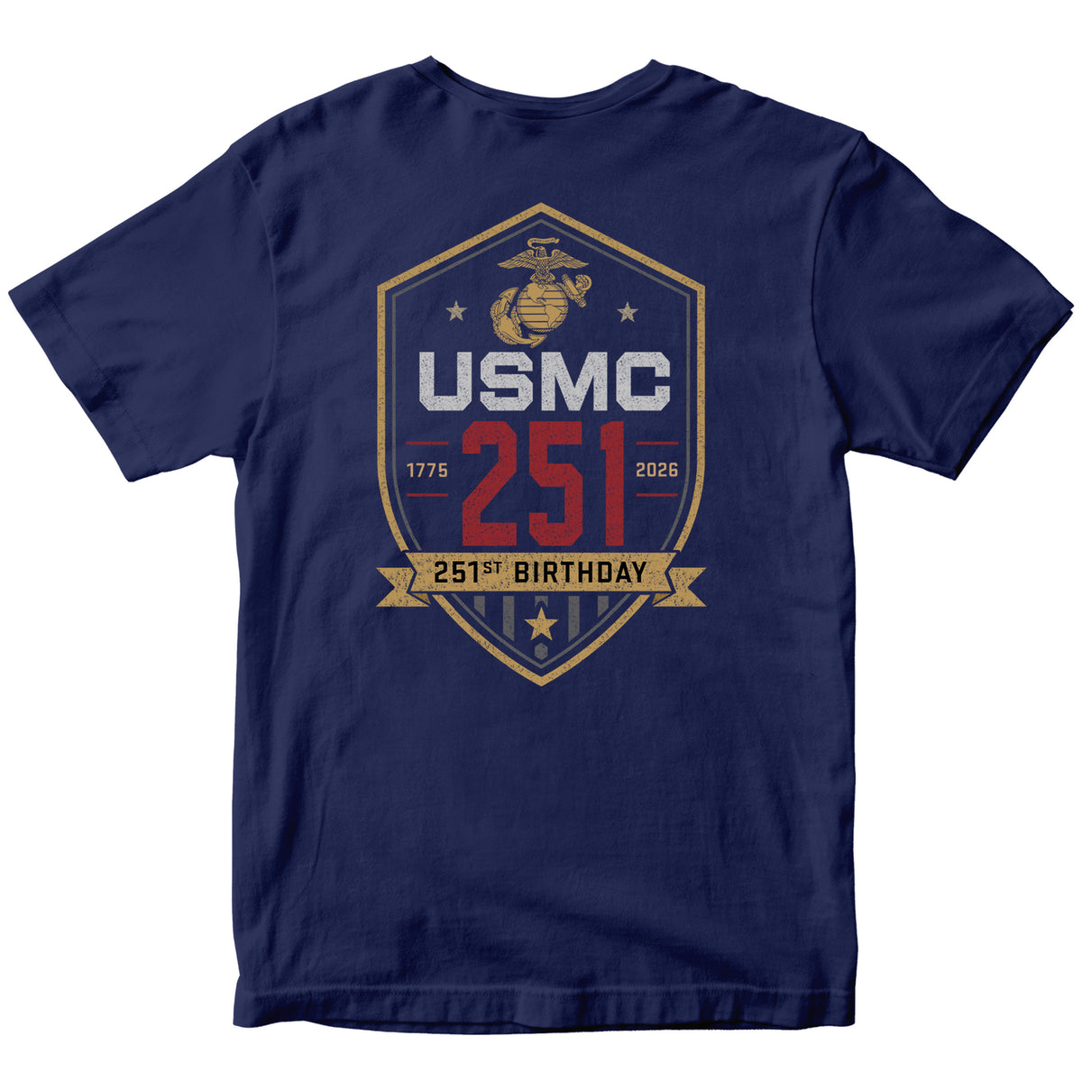 Navy USMC 251st Birthday T-shirt 1775–2026 with shield back graphic
