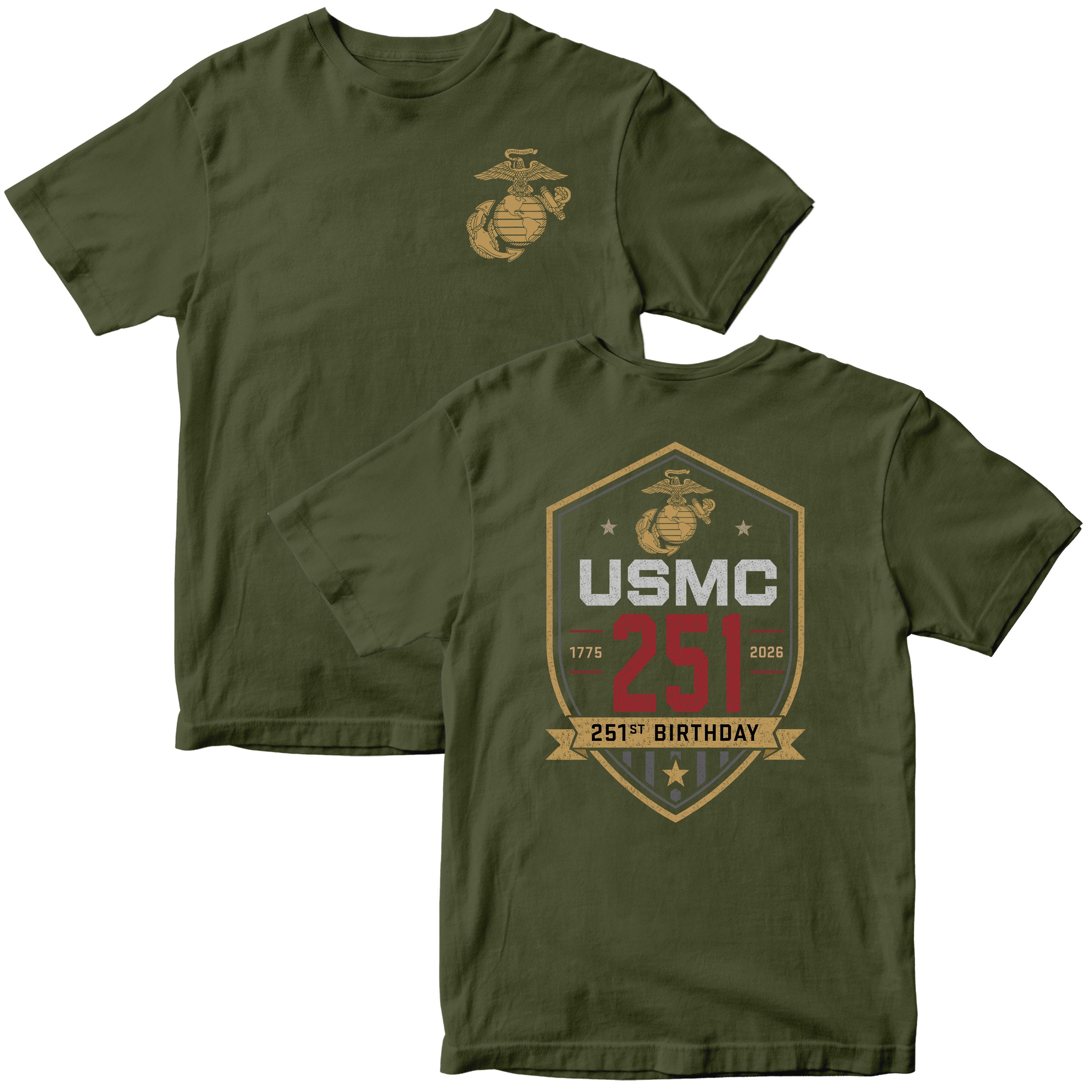 OD Green USMC 251st Birthday T-shirt 1775–2026 with shield back graphic and Eagle Globe and Anchor chest design