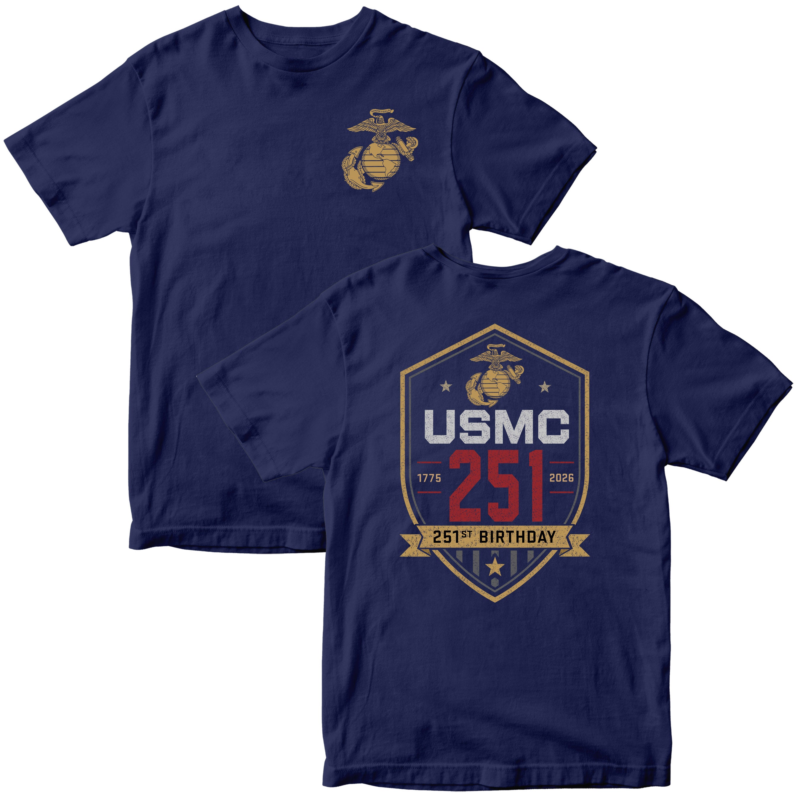 Navy USMC 251st Birthday T-shirt 1775–2026 with shield back graphic and Eagle Globe and Anchor chest design