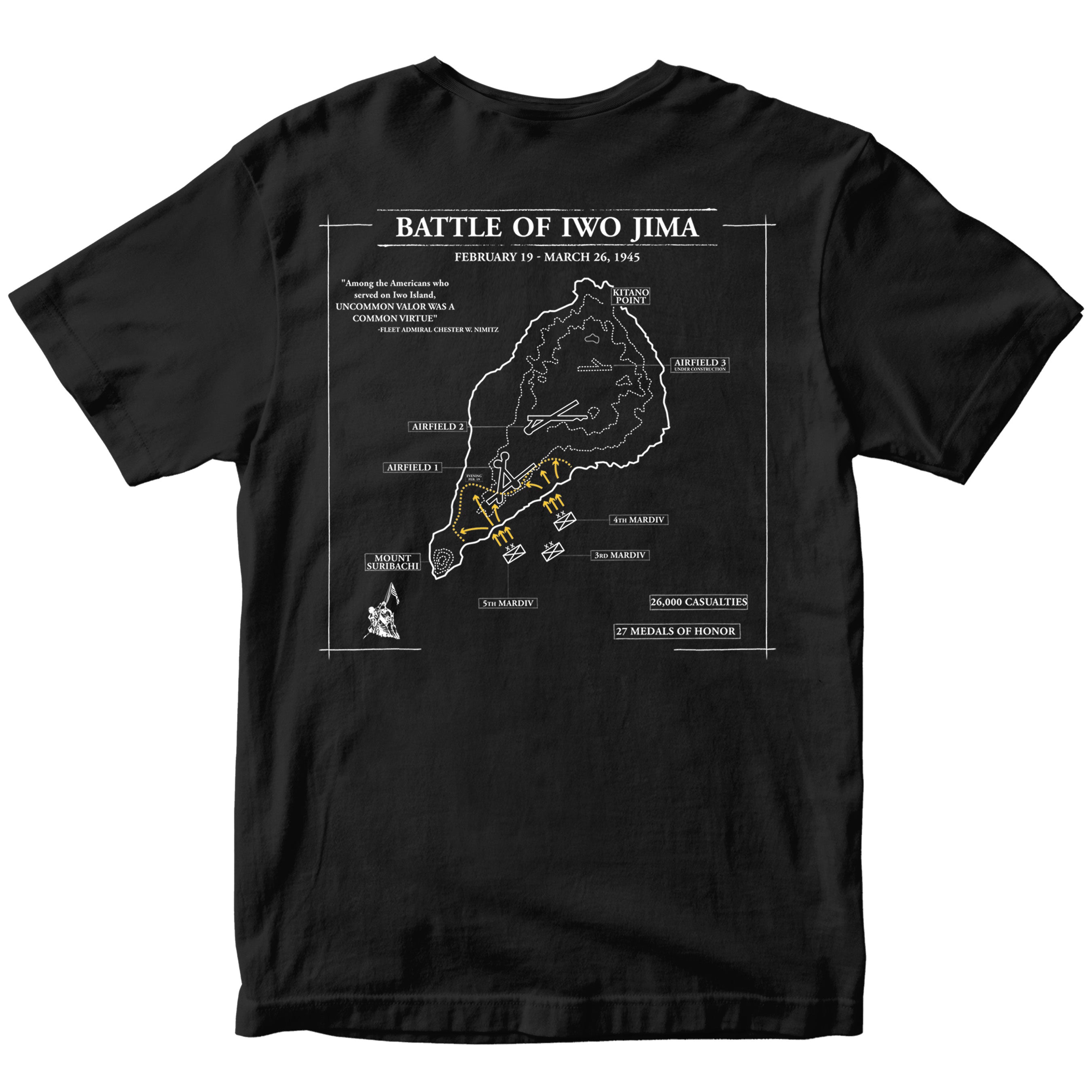 Black Marine Corps Iwo Jima tactical map T-shirt showing 1945 battle layout. USMC Iwo Jima Tee
