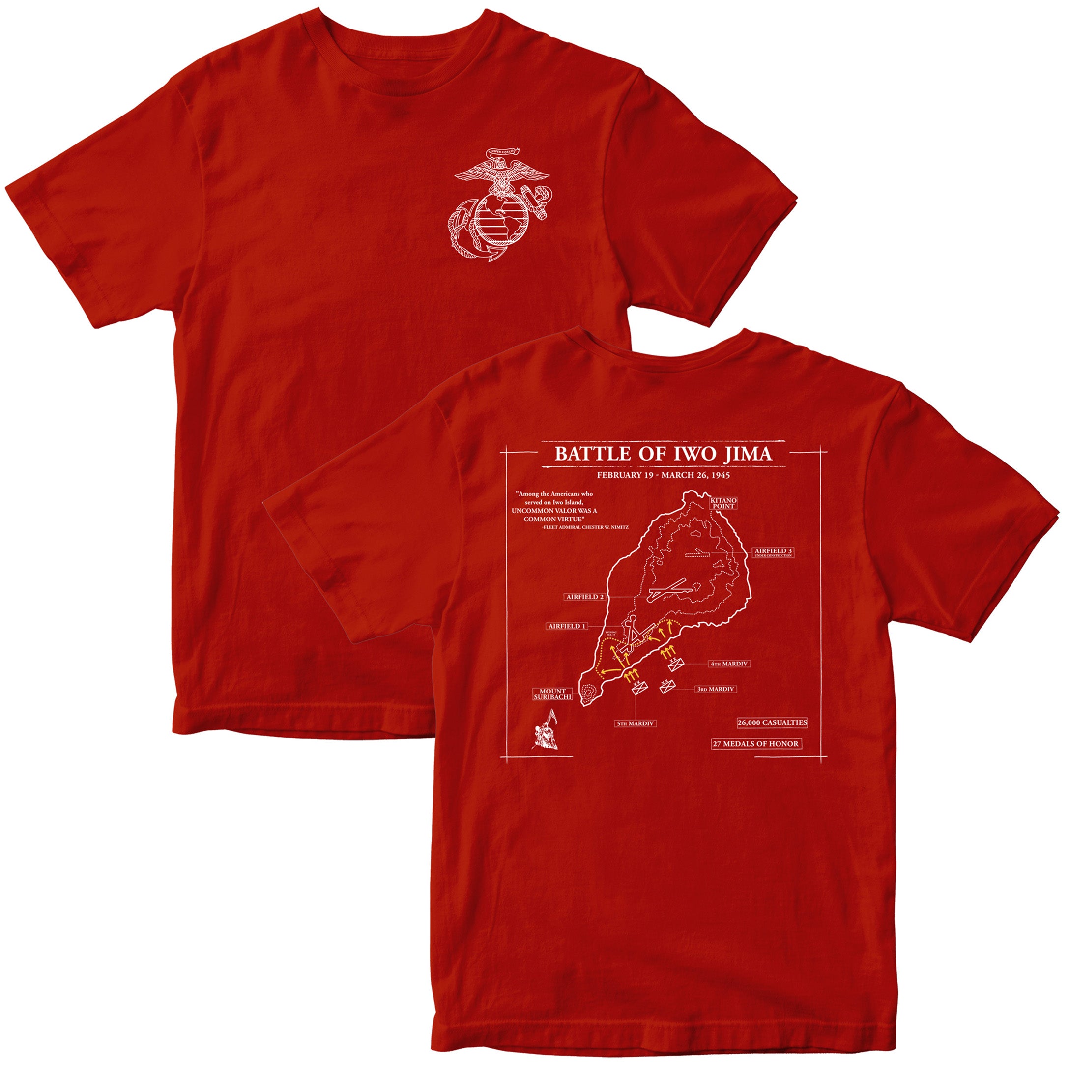 Red Marine Corps Iwo Jima tactical map T-shirt showing 1945 battle layout. USMC Iwo Jima Tee