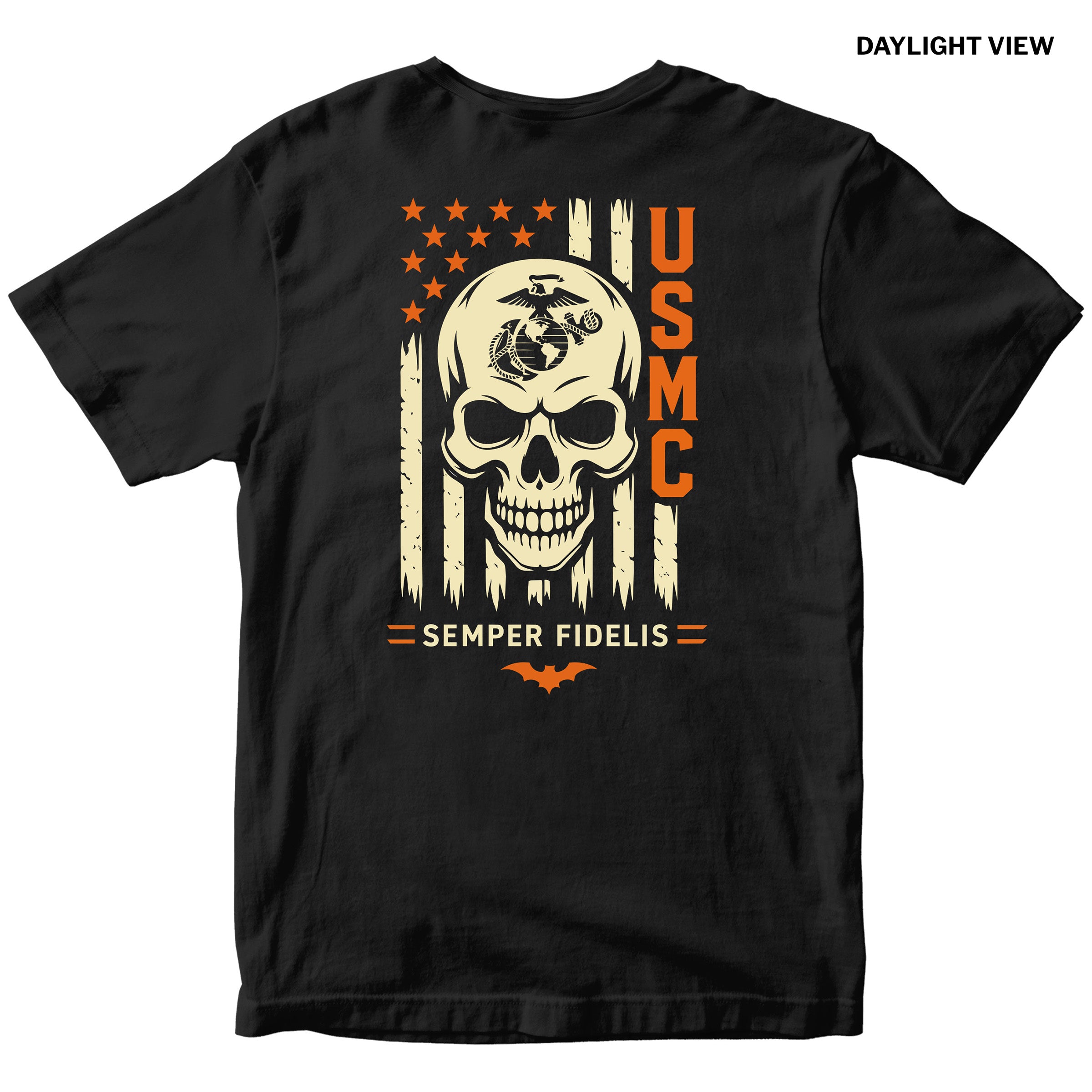 Black USMC Halloween T-shirt with glow-in-the-dark EGA and skull design, orange USMC lettering, and Semper Fidelis graphic