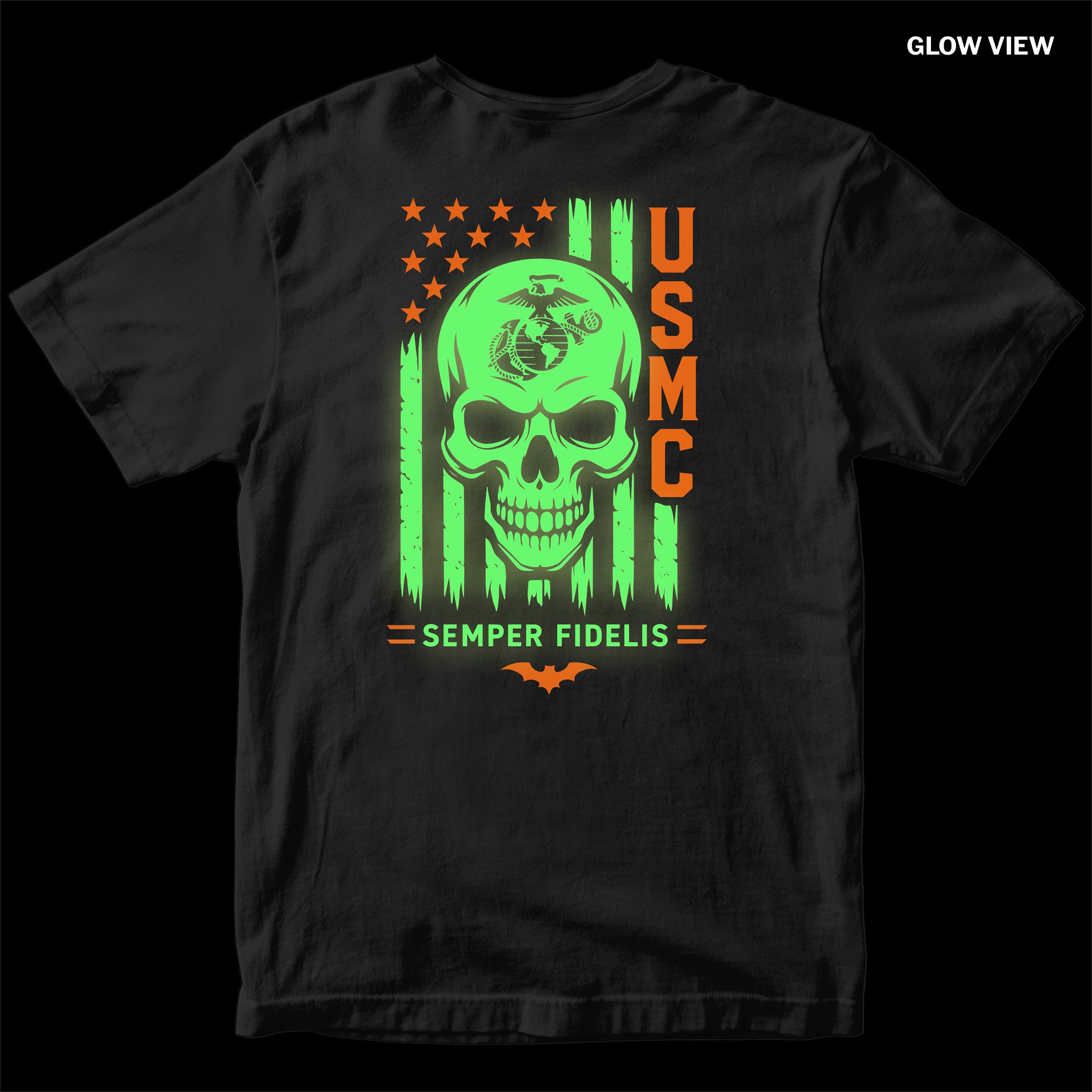 Black USMC Halloween T-shirt with glow-in-the-dark EGA and skull design, orange USMC lettering, and Semper Fidelis graphic