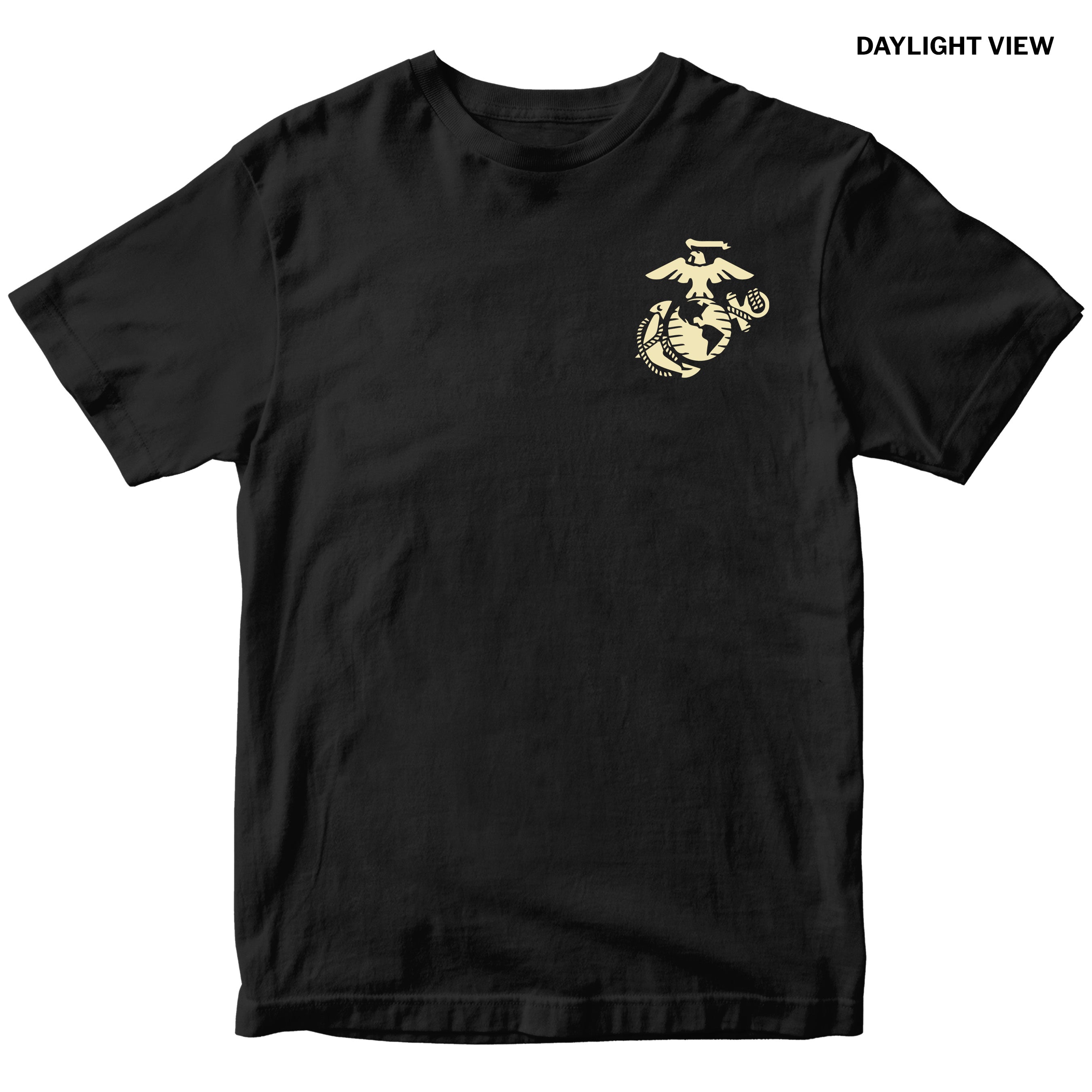 Black USMC Halloween T-shirt with glow-in-the-dark EGA - Daylght View