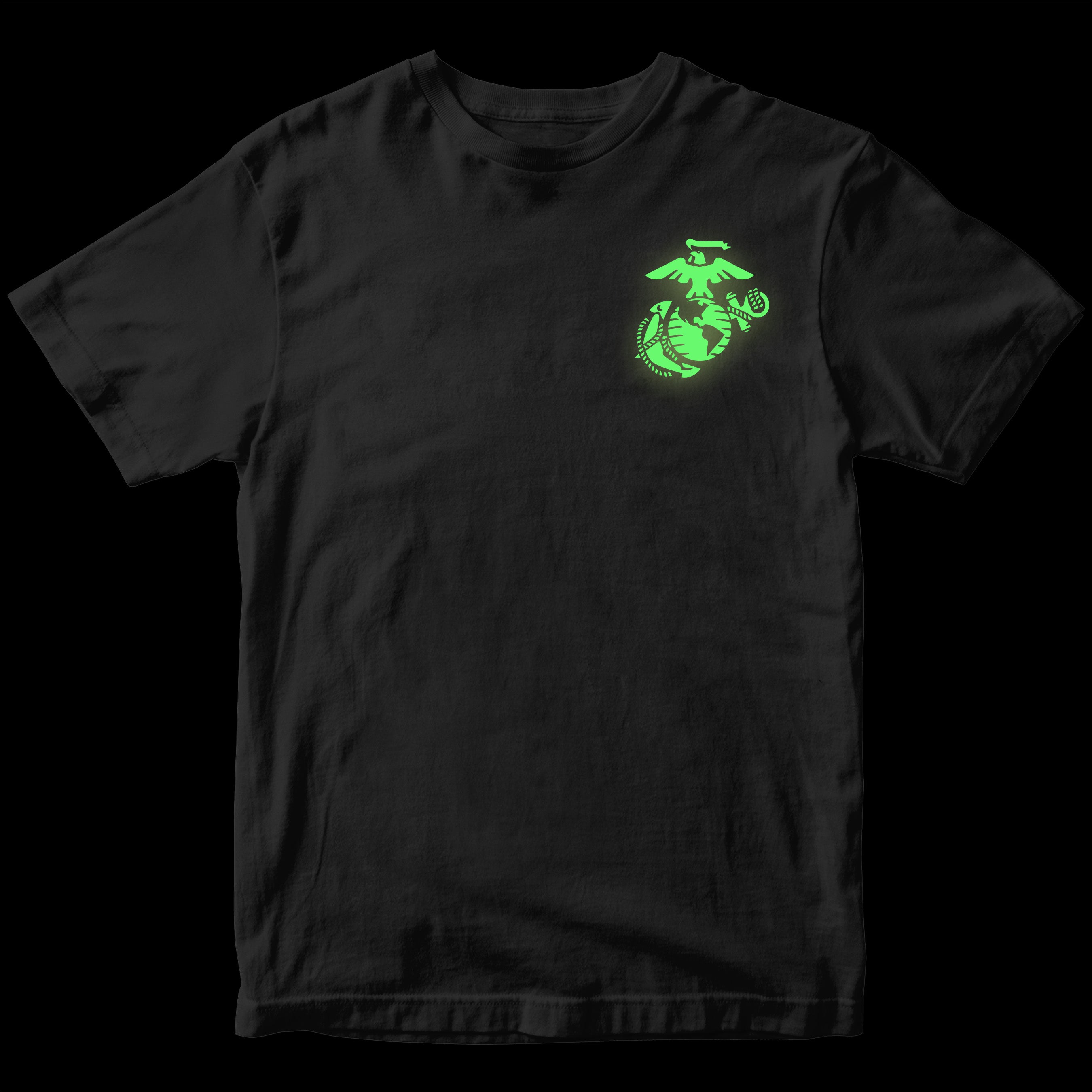 Black USMC Halloween T-shirt with glow-in-the-dark EGA - Night view