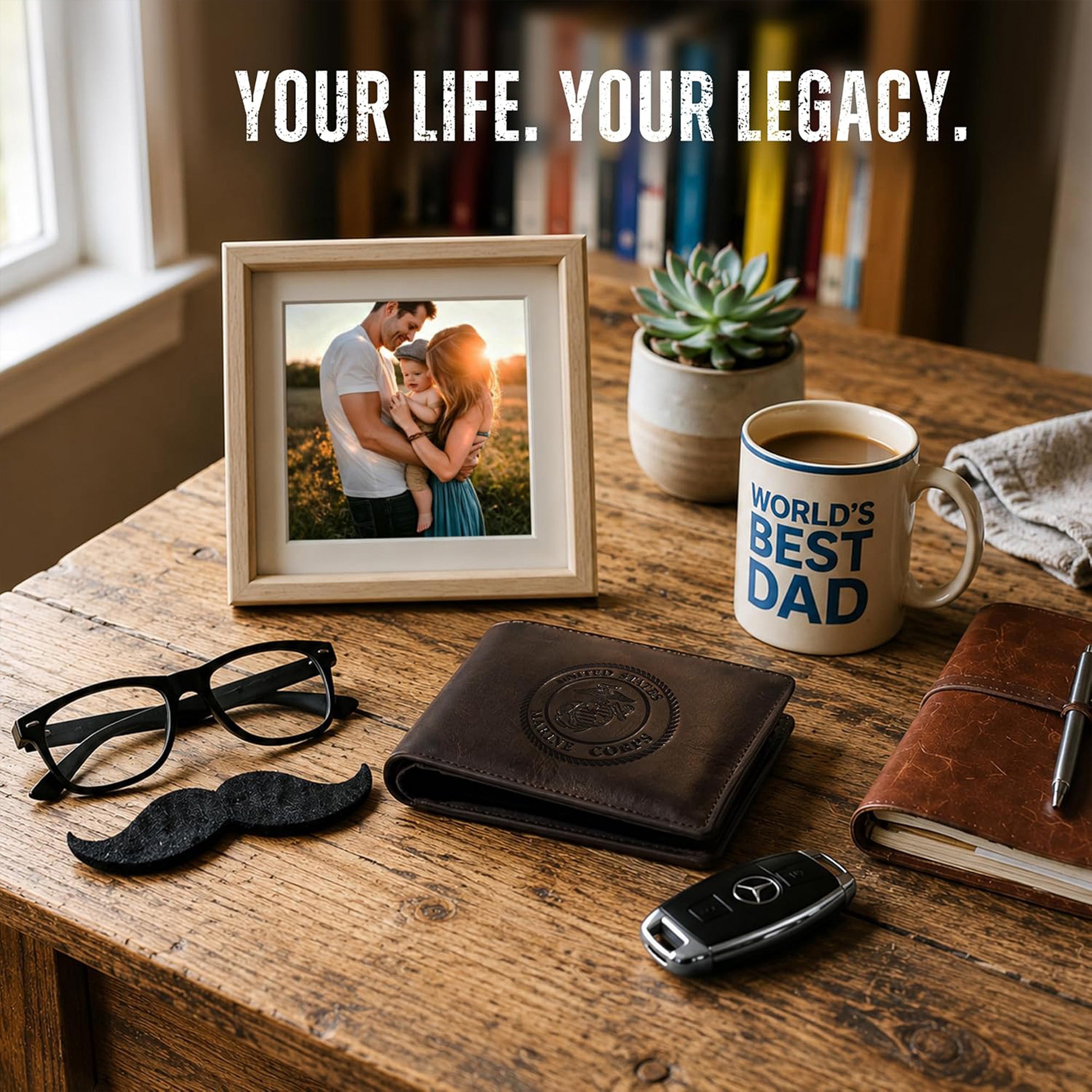 A styled tabletop scene with a brown leather bifold wallet as the central product, alongside a car key, a notebook, a mug reading 'World's Best Dad,' a framed photo, and a small succulent. The words 'YOUR LIFE.