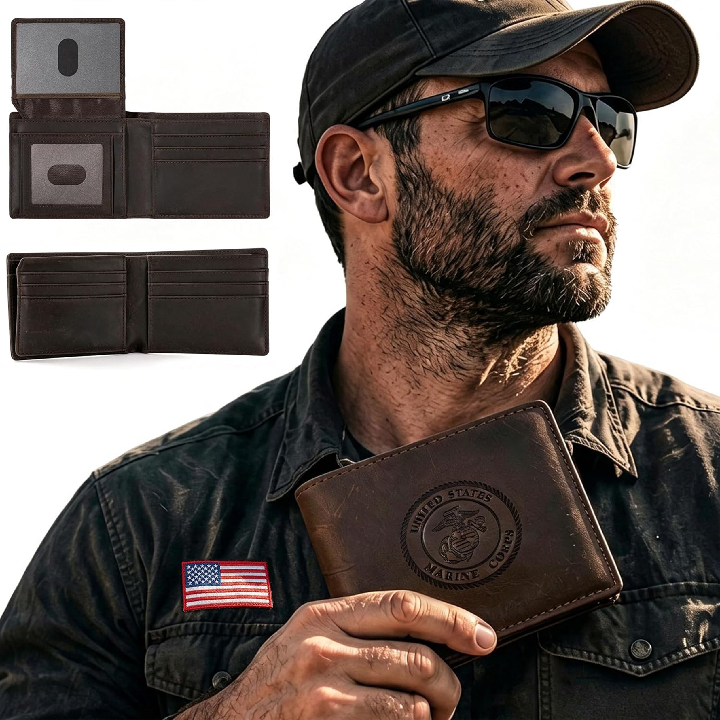 A man wearing a black cap, sunglasses, and a dark shirt holds a brown leather bifold wallet with an embossed Marine Corps seal. Three inset views on the left show the wallet open and closed, displaying card slots and ID window compartments.