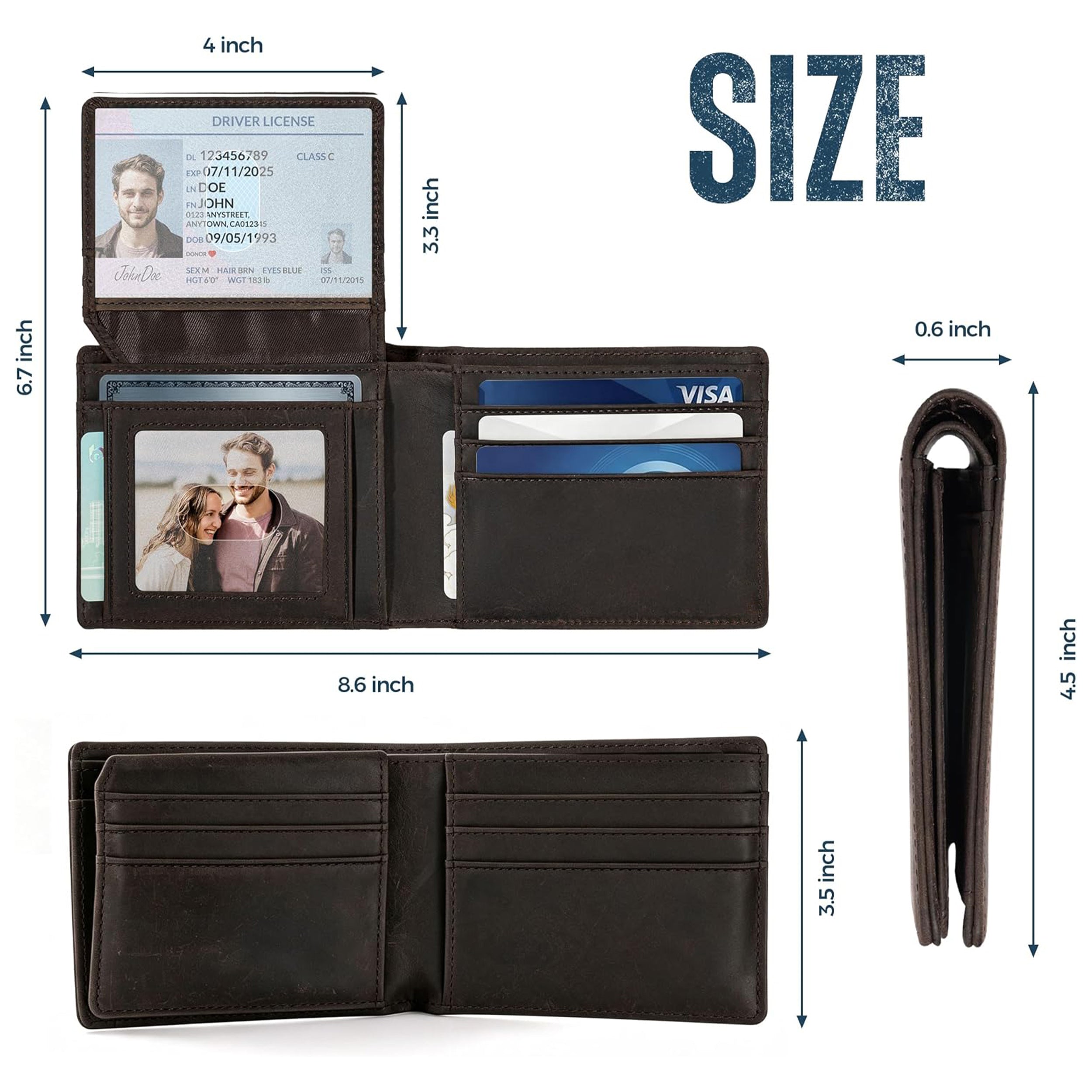 A dark brown leather bifold wallet shown in multiple views with overlaid dimension labels and the word SIZE. The image includes the wallet open to show ID and card slots, a closed front view, and a side profile view on a white background.
