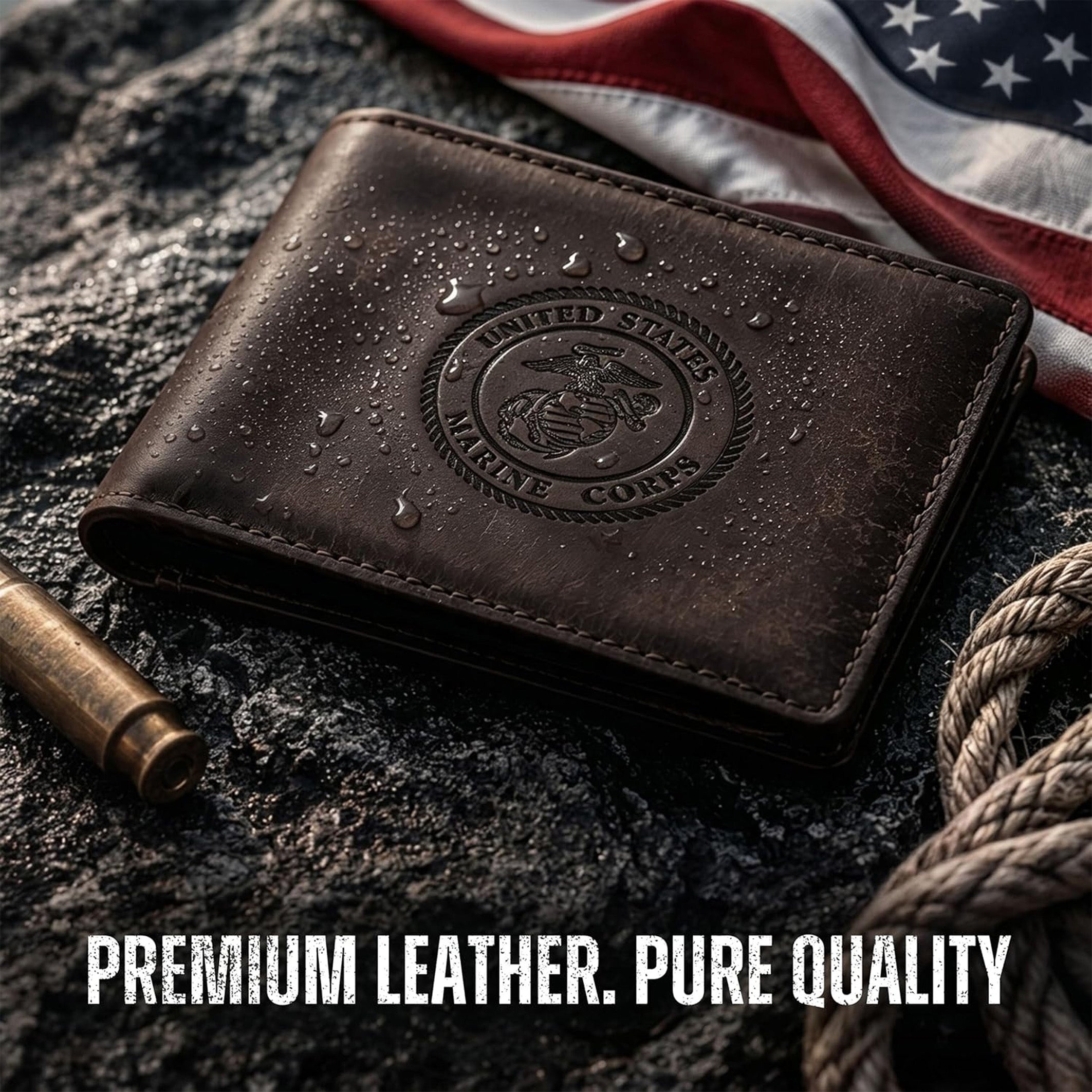 Dark brown leather USMC bifold wallet with embossed Eagle, Globe, and Anchor Marine Corps emblem.