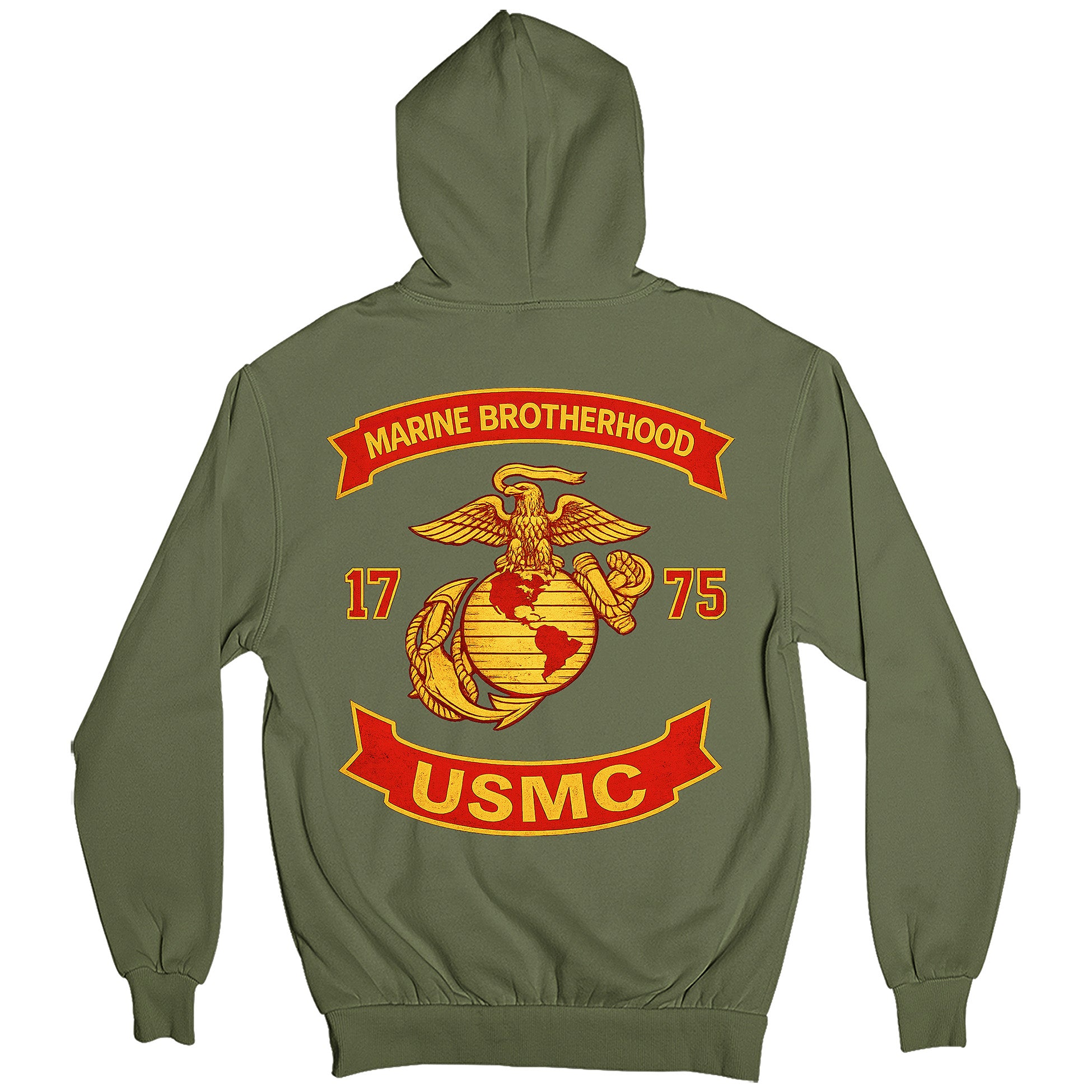 Green USMC hoodie with large motorcycle club–style back graphic reading ‘Marine Brotherhood,’ ‘1775,’ and ‘USMC. Marines Motorcycle hoodie.