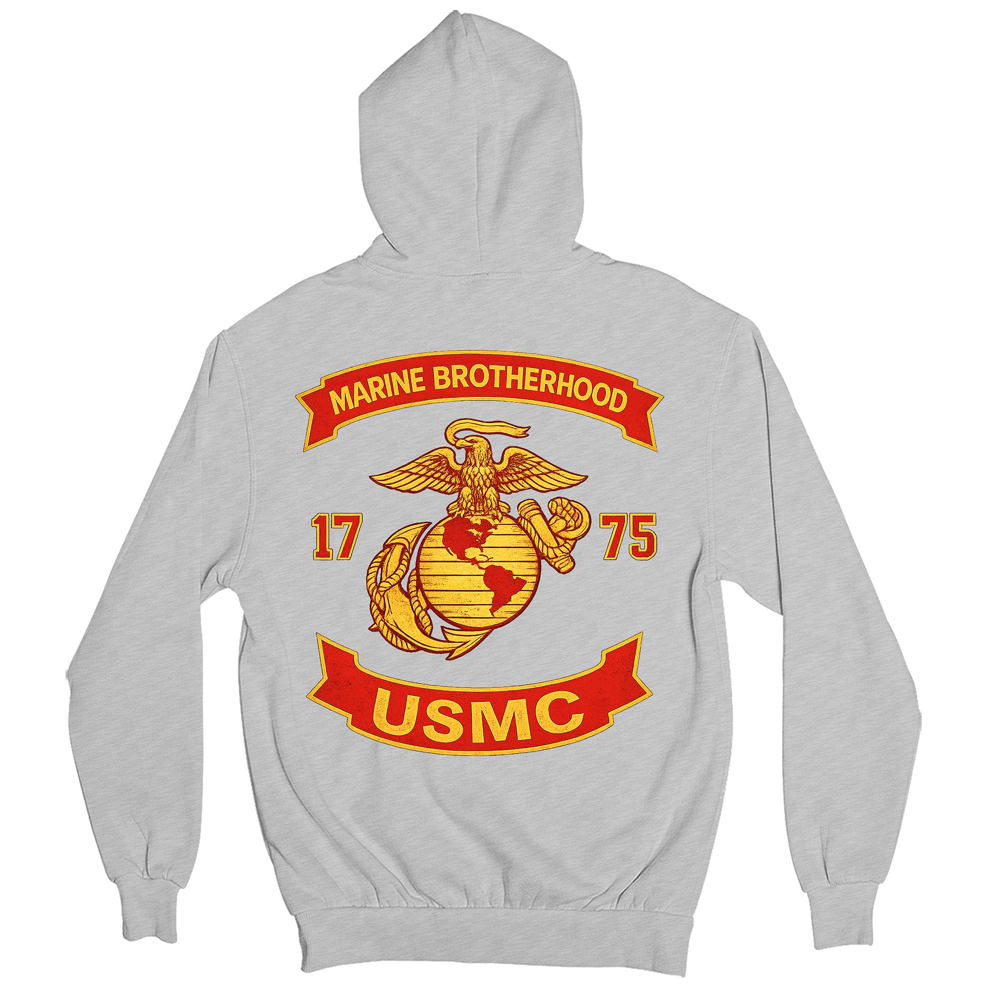 Gray USMC hoodie with large motorcycle club–style back graphic reading ‘Marine Brotherhood,’ ‘1775,’ and ‘USMC. Marines Motorcycle hoodie.