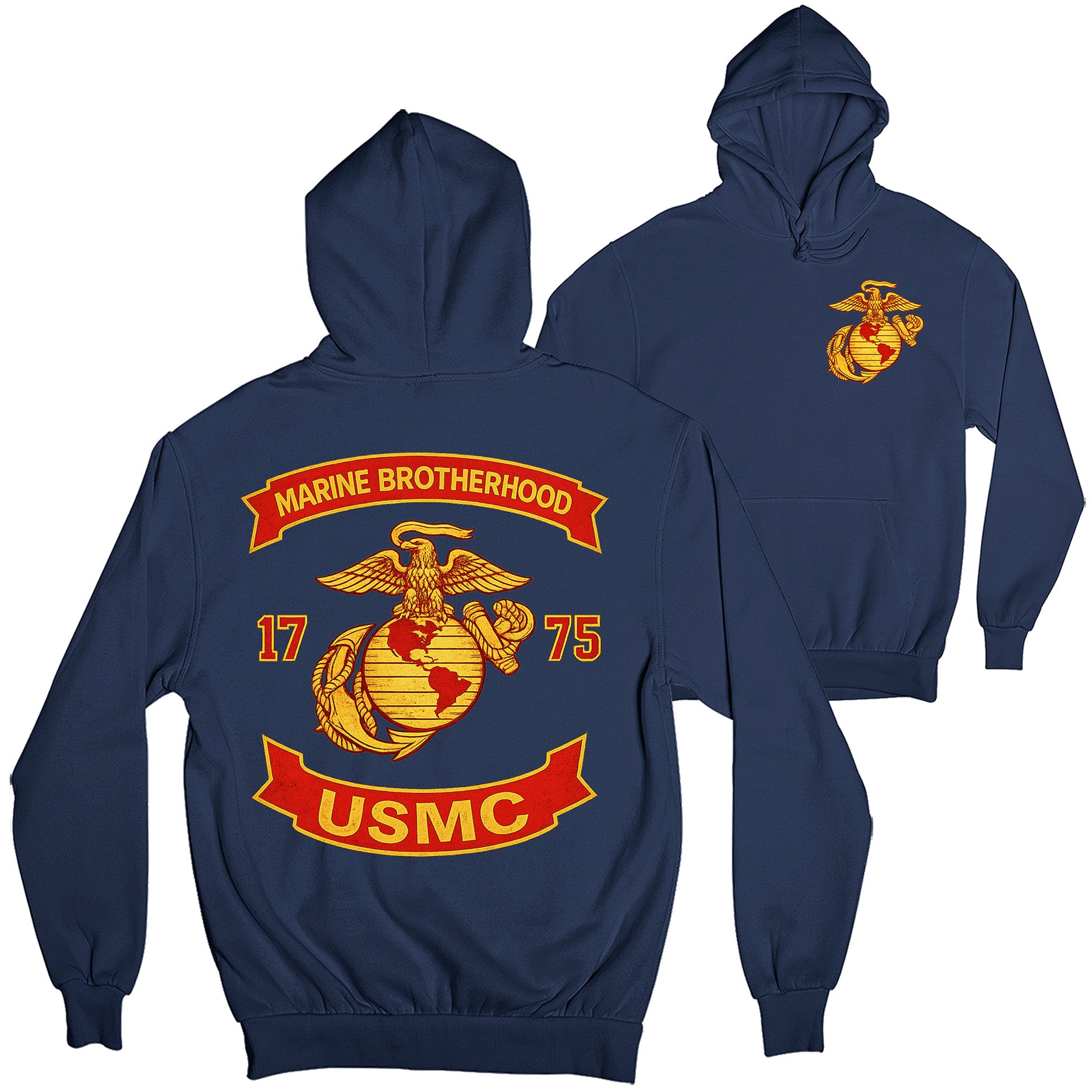 Navy Blue USMC hoodie with large motorcycle club–style back graphic reading ‘Marine Brotherhood,’ ‘1775,’ and ‘USMC. Marines Motorcycle hoodie.