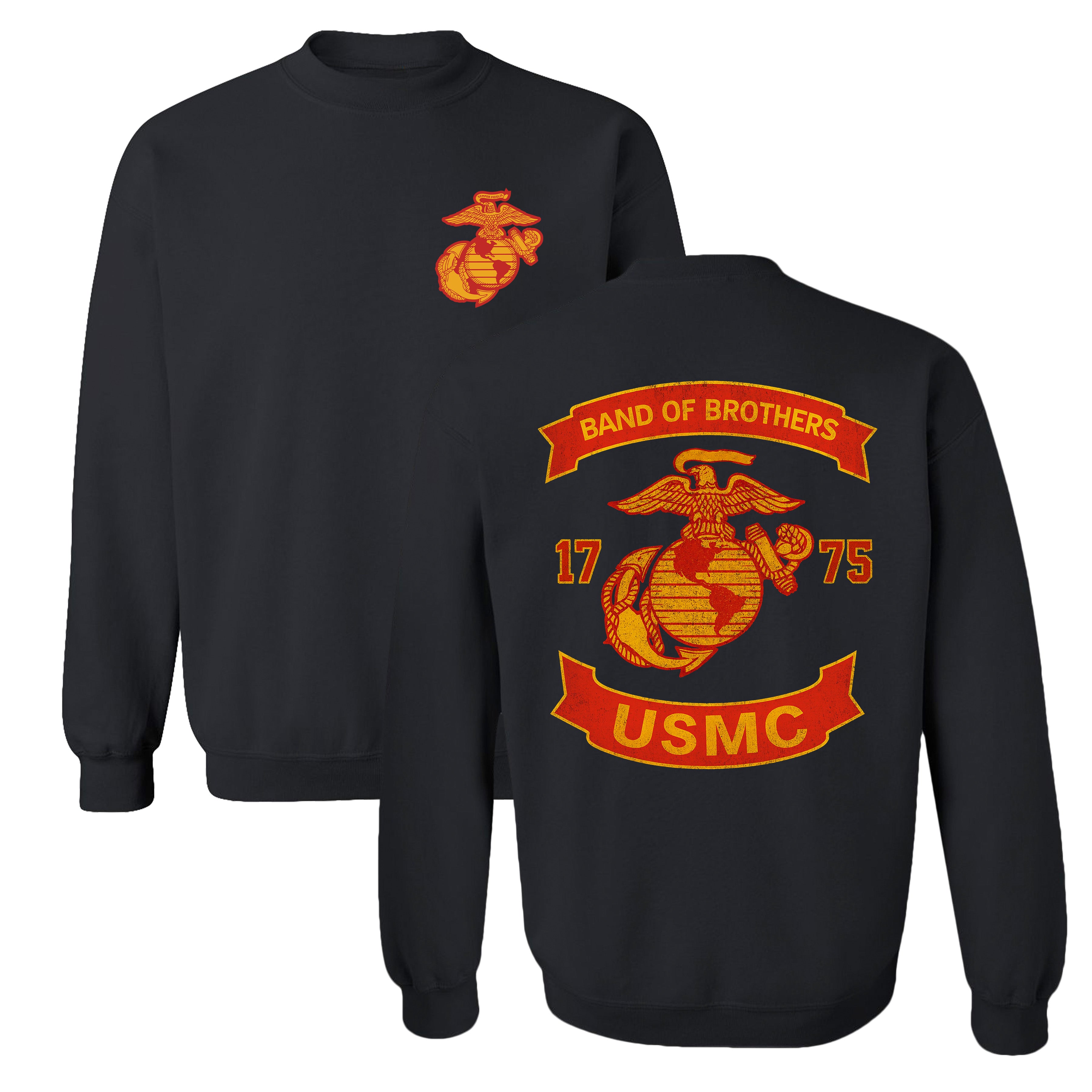 Black USMC Sweatshirt with chest EGA and large motorcycle club–style back graphic reading ‘Band of Brothers,’ ‘1775,’ and ‘USMC. Marines Motorcycle Sweatshirt