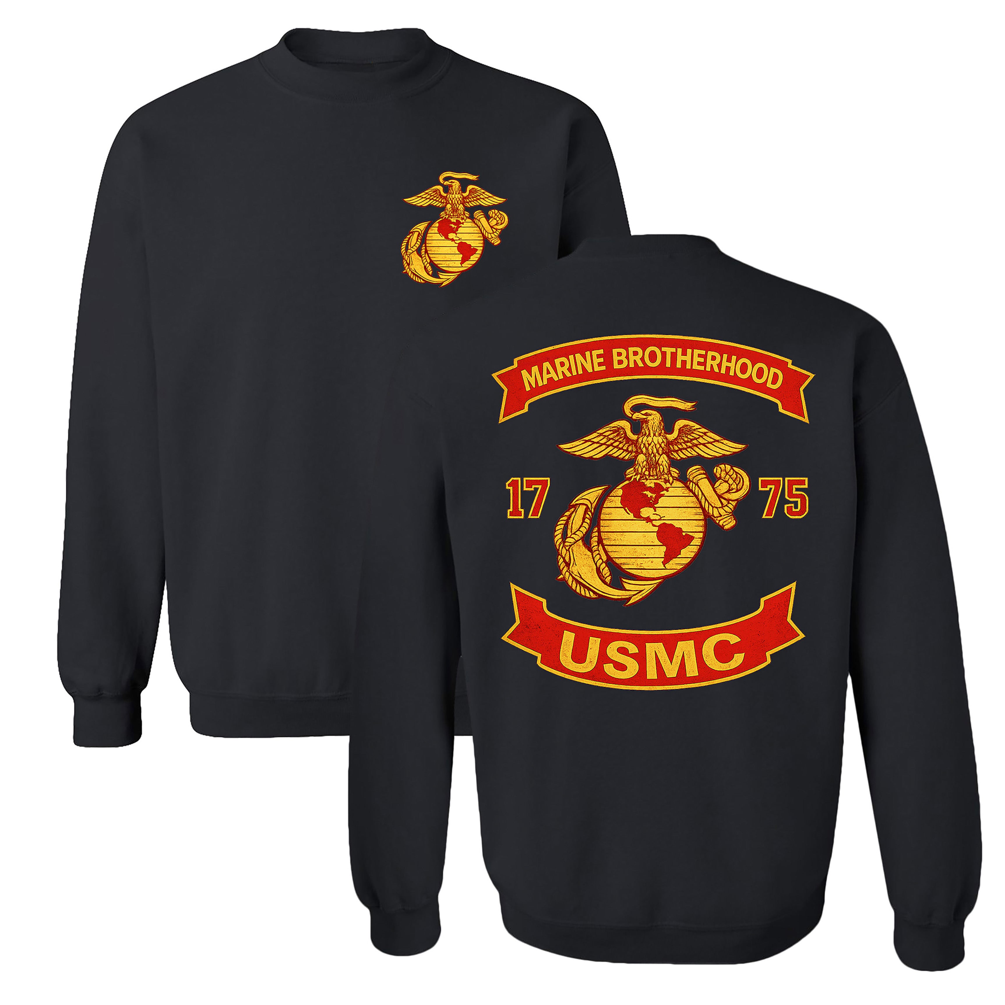 Black USMC sweatshirt with large motorcycle club–style back graphic reading ‘Marine Brotherhood,’ ‘1775,’ and ‘USMC. Marines Motorcycle sweatshirt