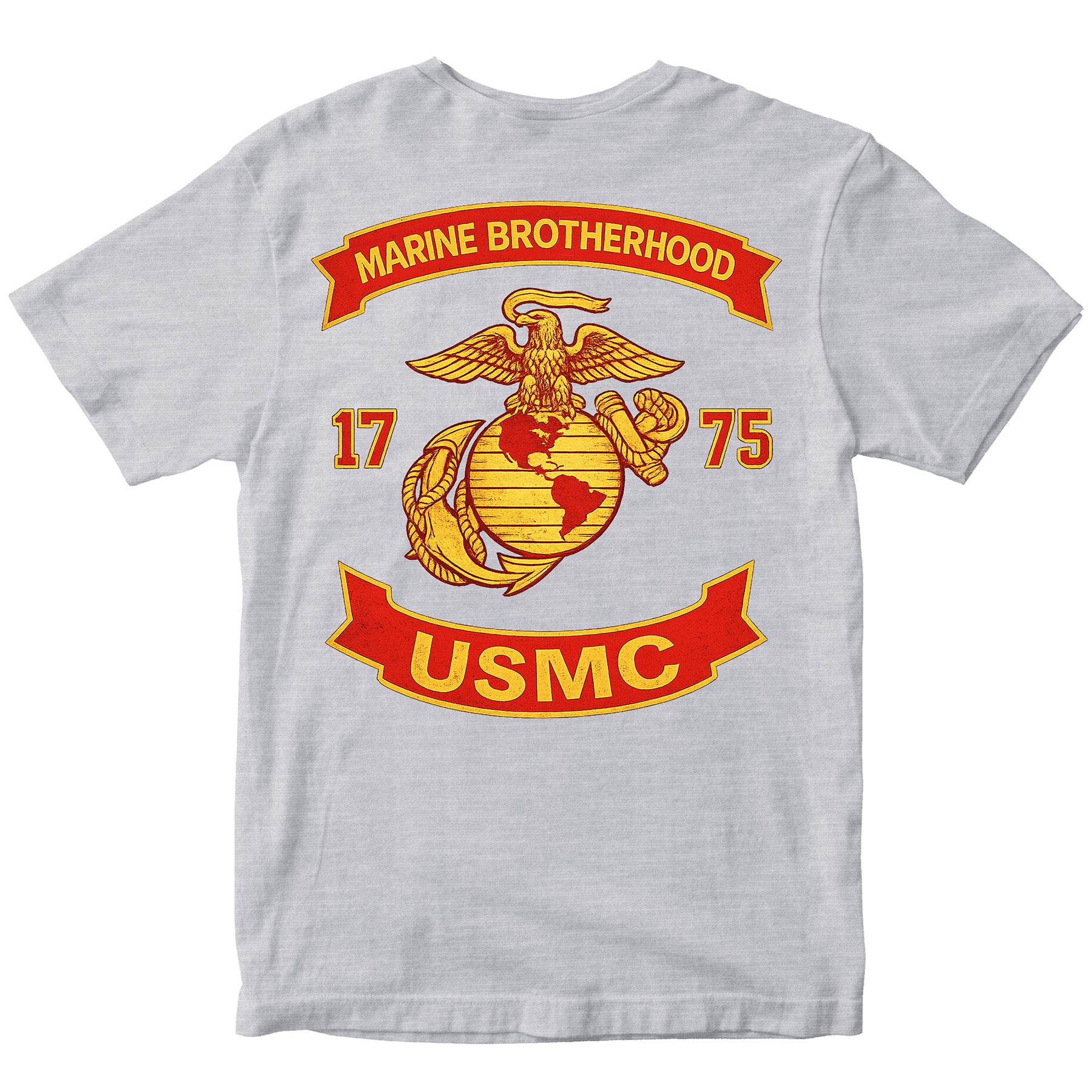 Grey USMC T-shirt with large motorcycle club–style back graphic reading ‘Marine Brotherhood,’ ‘1775,’ and ‘USMC. Marines Motorcycle Tee
