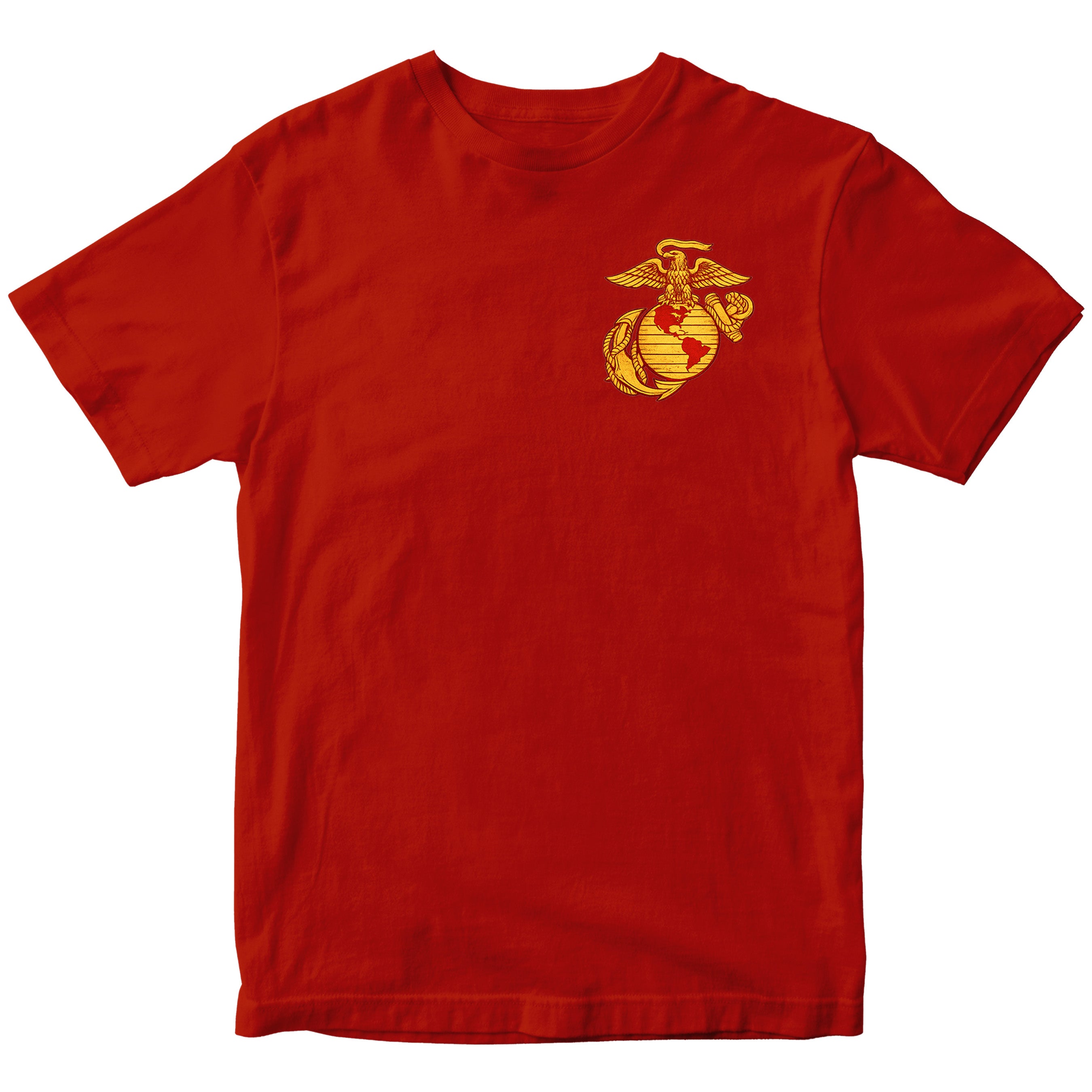 Red USMC T-shirt with large motorcycle club–style back graphic reading ‘Marine Brotherhood,’ ‘1775,’ and ‘USMC. Marines Motorcycle Tee