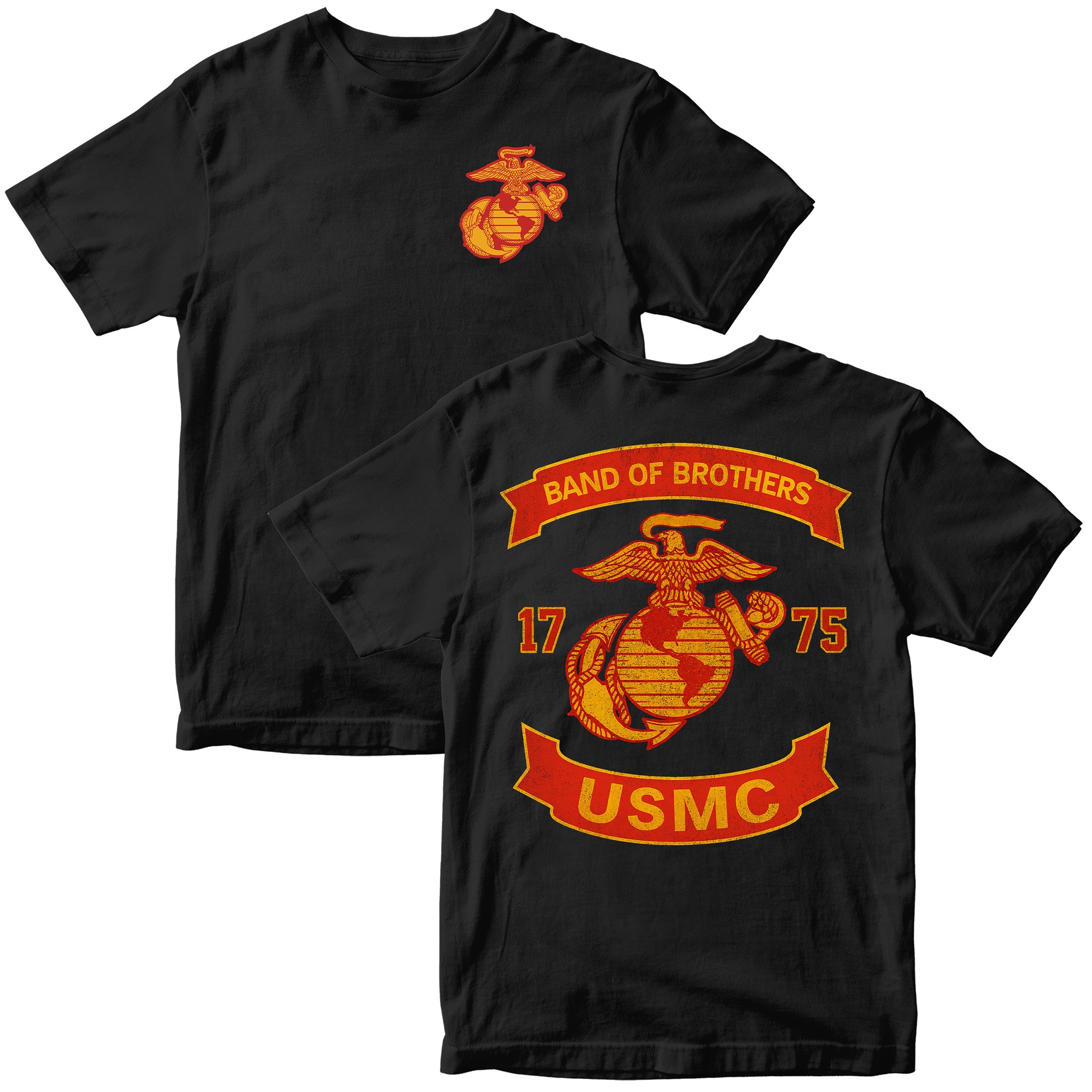 Black USMC T-shirt with chest EGA and large motorcycle club–style back graphic reading ‘Band of Brothers,’ ‘1775,’ and ‘USMC. Marines Motorcycle Tee