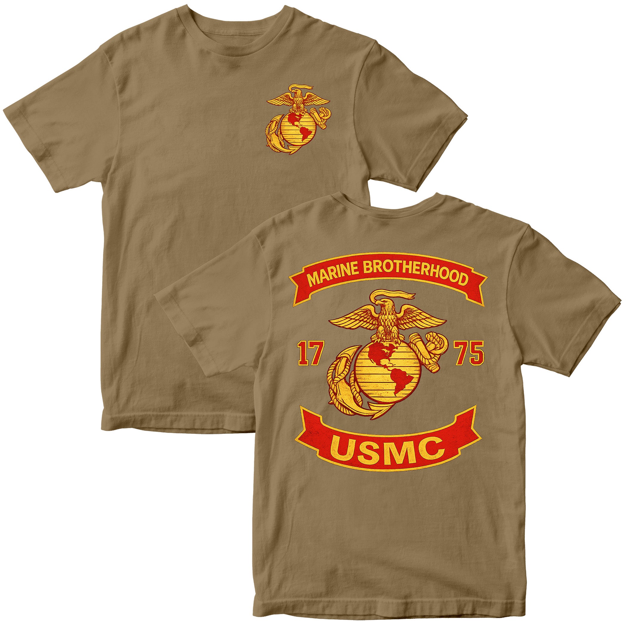 Brown USMC T-shirt with large motorcycle club–style back graphic reading ‘Marine Brotherhood,’ ‘1775,’ and ‘USMC. Marines Motorcycle Tee