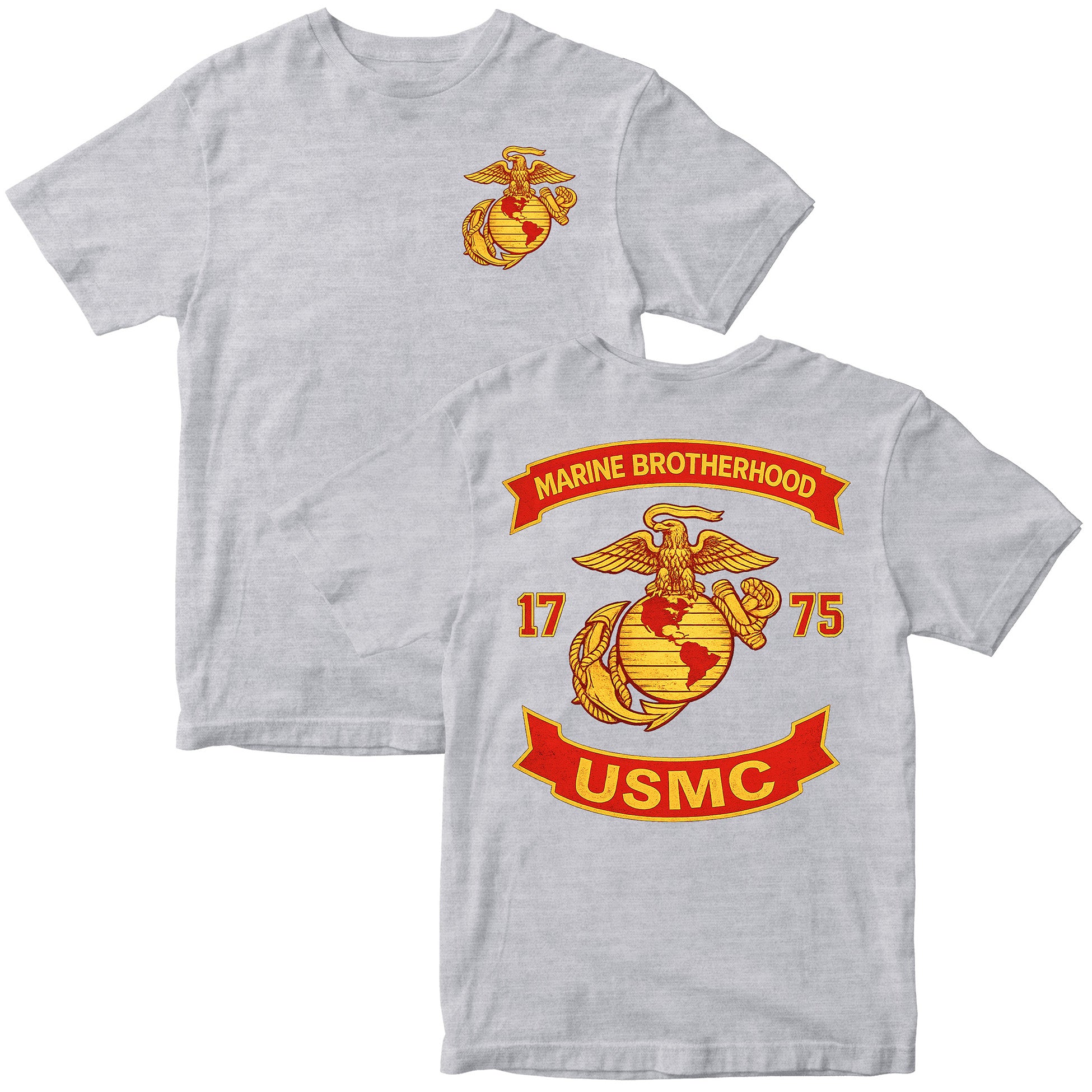 Grey USMC T-shirt with large motorcycle club–style back graphic reading ‘Marine Brotherhood,’ ‘1775,’ and ‘USMC. Marines Motorcycle Tee
