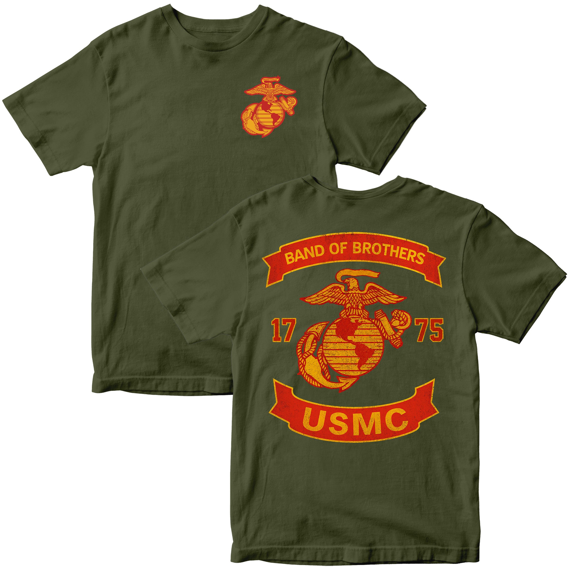 Green USMC T-shirt with chest EGA and large motorcycle club–style back graphic reading ‘Band of Brothers,’ ‘1775,’ and ‘USMC. Marines Motorcycle Tee
