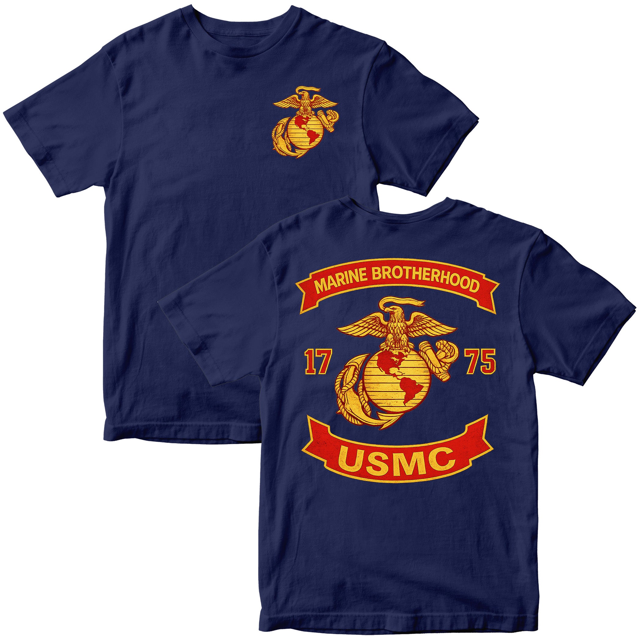 Navy Blue USMC T-shirt with large motorcycle club–style back graphic reading ‘Marine Brotherhood,’ ‘1775,’ and ‘USMC. Marines Motorcycle Tee