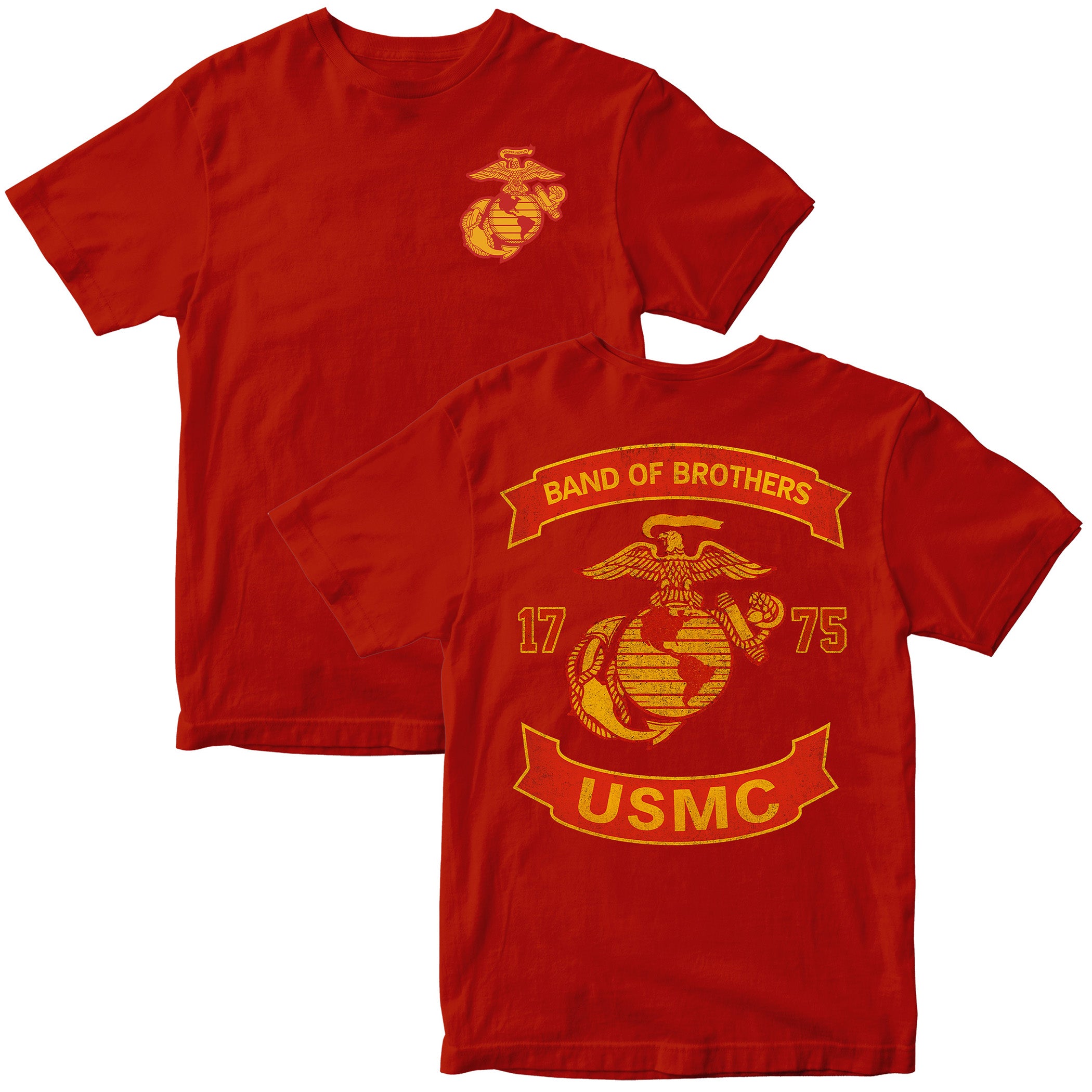 Red USMC T-shirt with chest EGA and large motorcycle club–style back graphic reading ‘Band of Brothers,’ ‘1775,’ and ‘USMC. Marines Motorcycle Tee