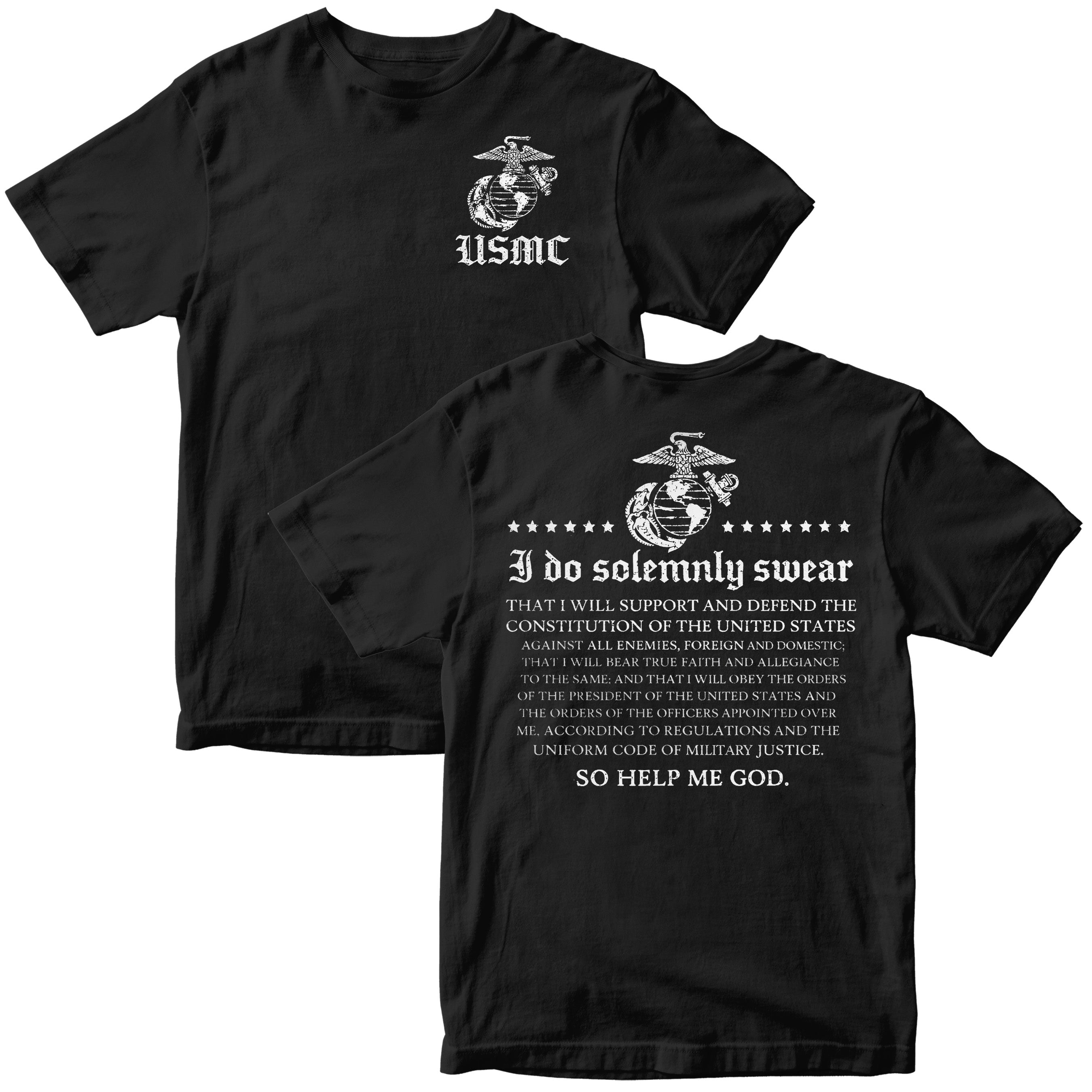 Black USMC Oath of Enlistment T-shirt with Eagle Globe and Anchor and full oath text.