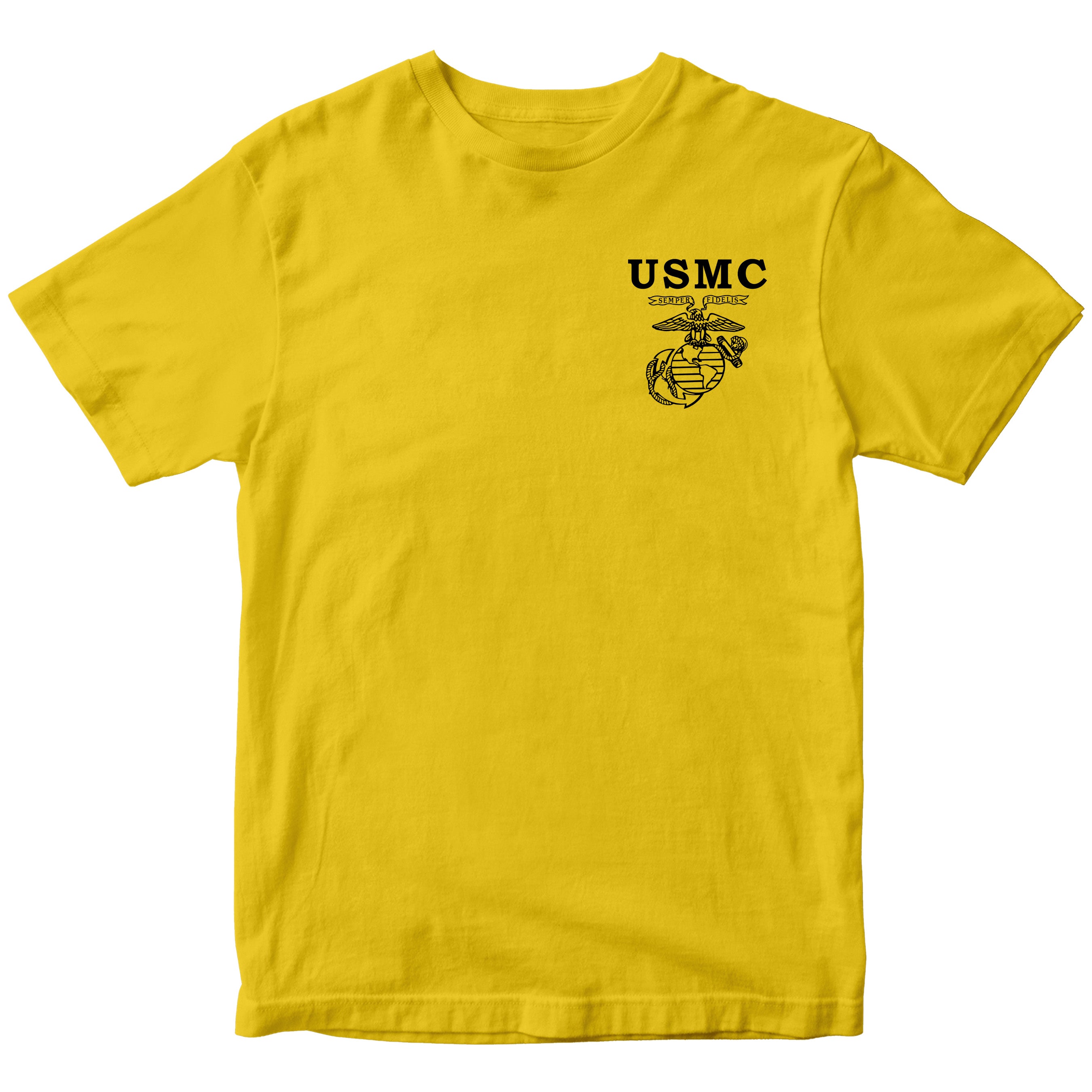 USMC Old School EGA T-shirt with Semper Fidelis Eagle Globe and Anchor chest graphic gold tee. Marines Vintage Tee