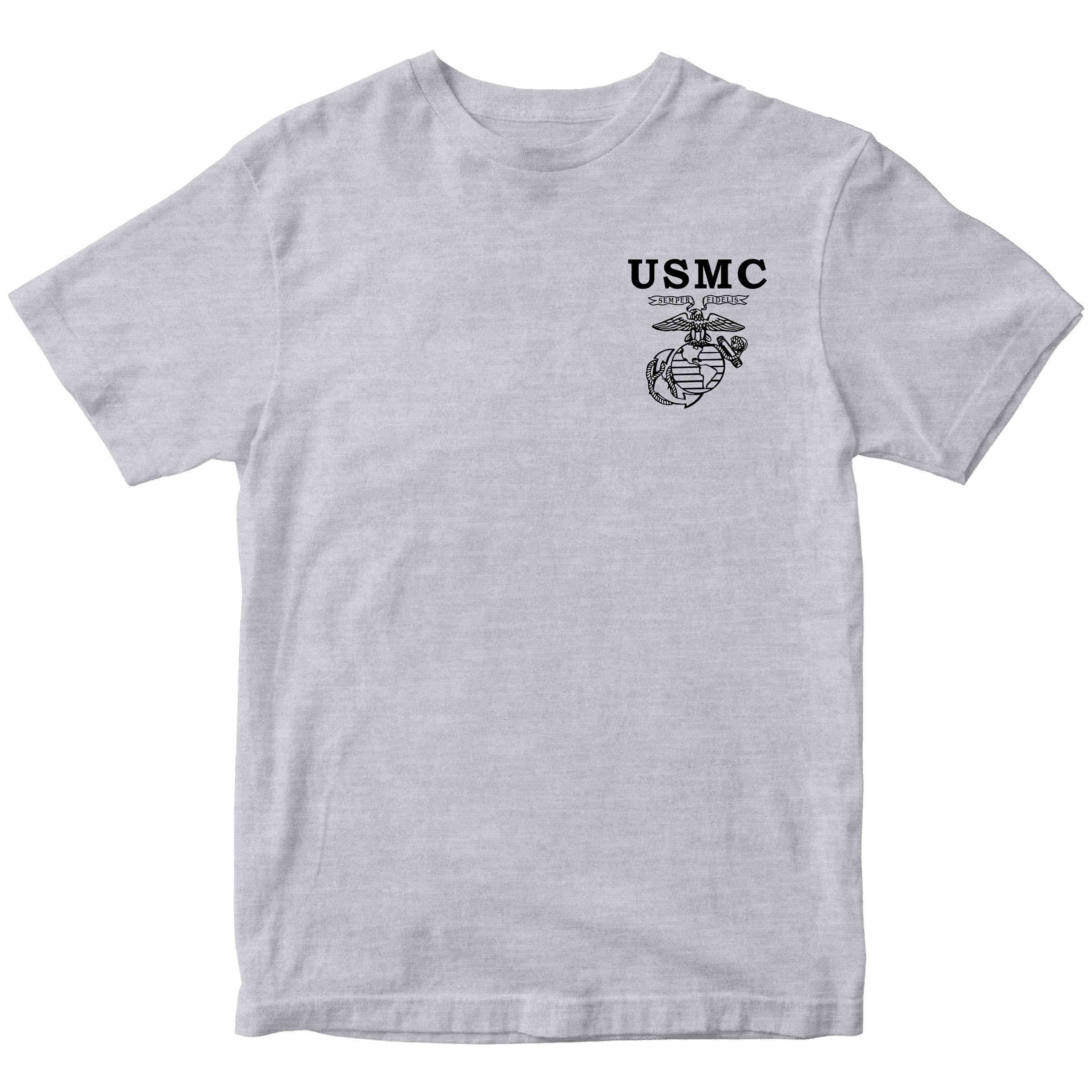 USMC Old School EGA T-shirt with Semper Fidelis Eagle Globe and Anchor chest graphic gray tee. Marines Vintage Tee