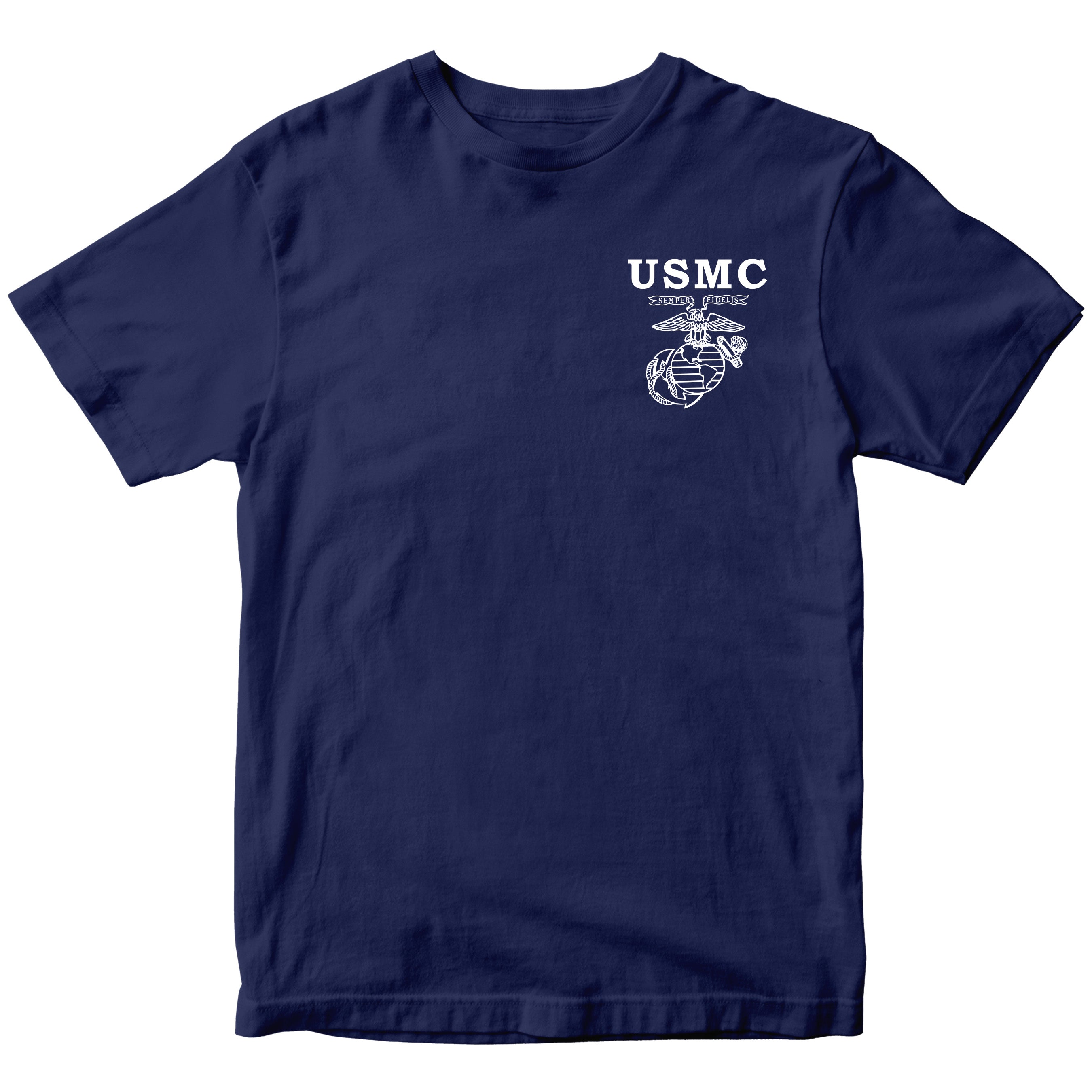 USMC Old School EGA T-shirt with Semper Fidelis Eagle Globe and Anchor chest graphic navy blue tee. Marines Vintage Tee