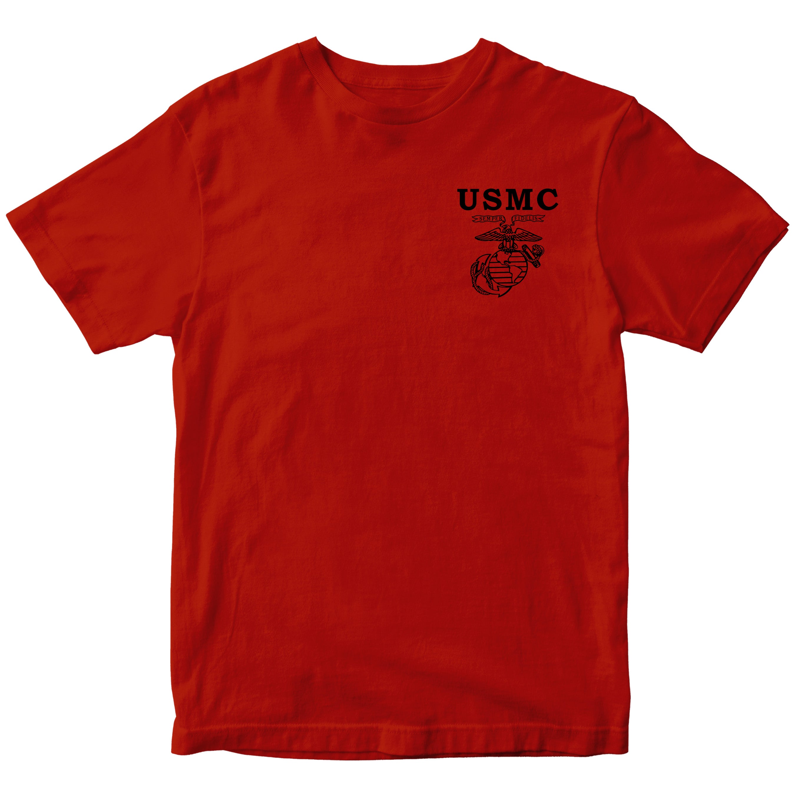 USMC Old School EGA T-shirt with Semper Fidelis Eagle Globe and Anchor chest graphic red tee. Marines Vintage Tee