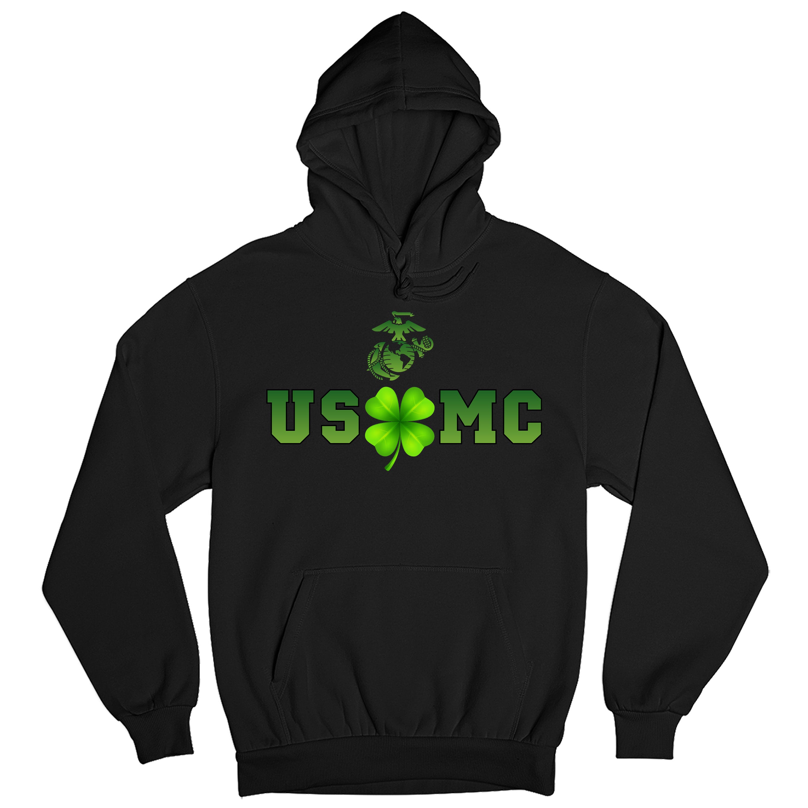 Black USMC St. Patrick’s Day Hoodie with shamrock graphic and Eagle Globe and Anchor. Marines St. Patrick's Day Hoodie