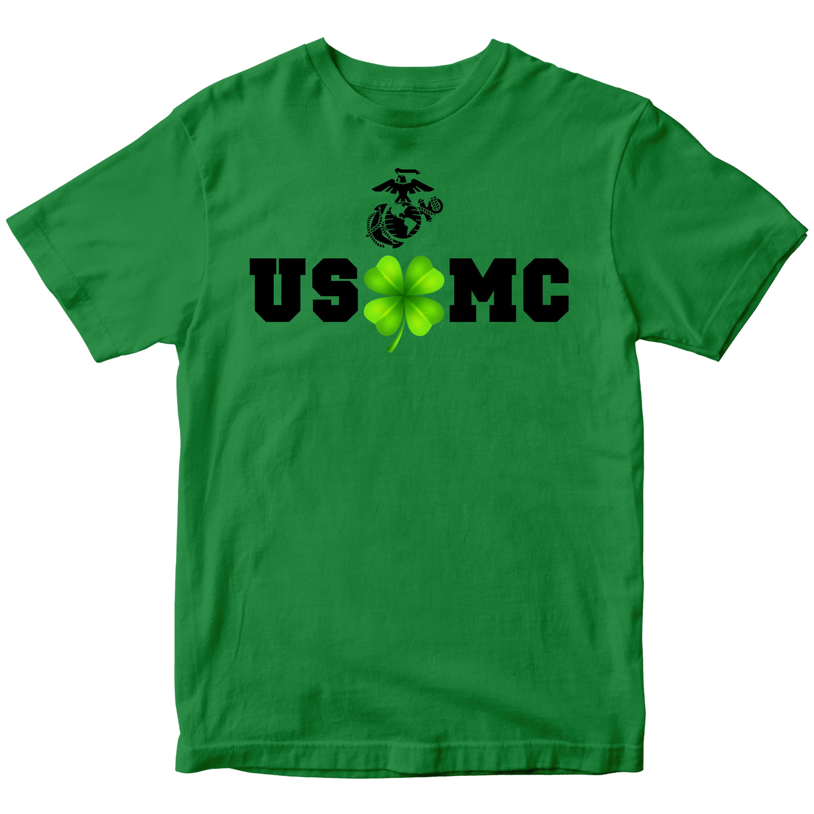 Green USMC St. Patrick’s Day T-shirt with shamrock graphic and Eagle Globe and Anchor.