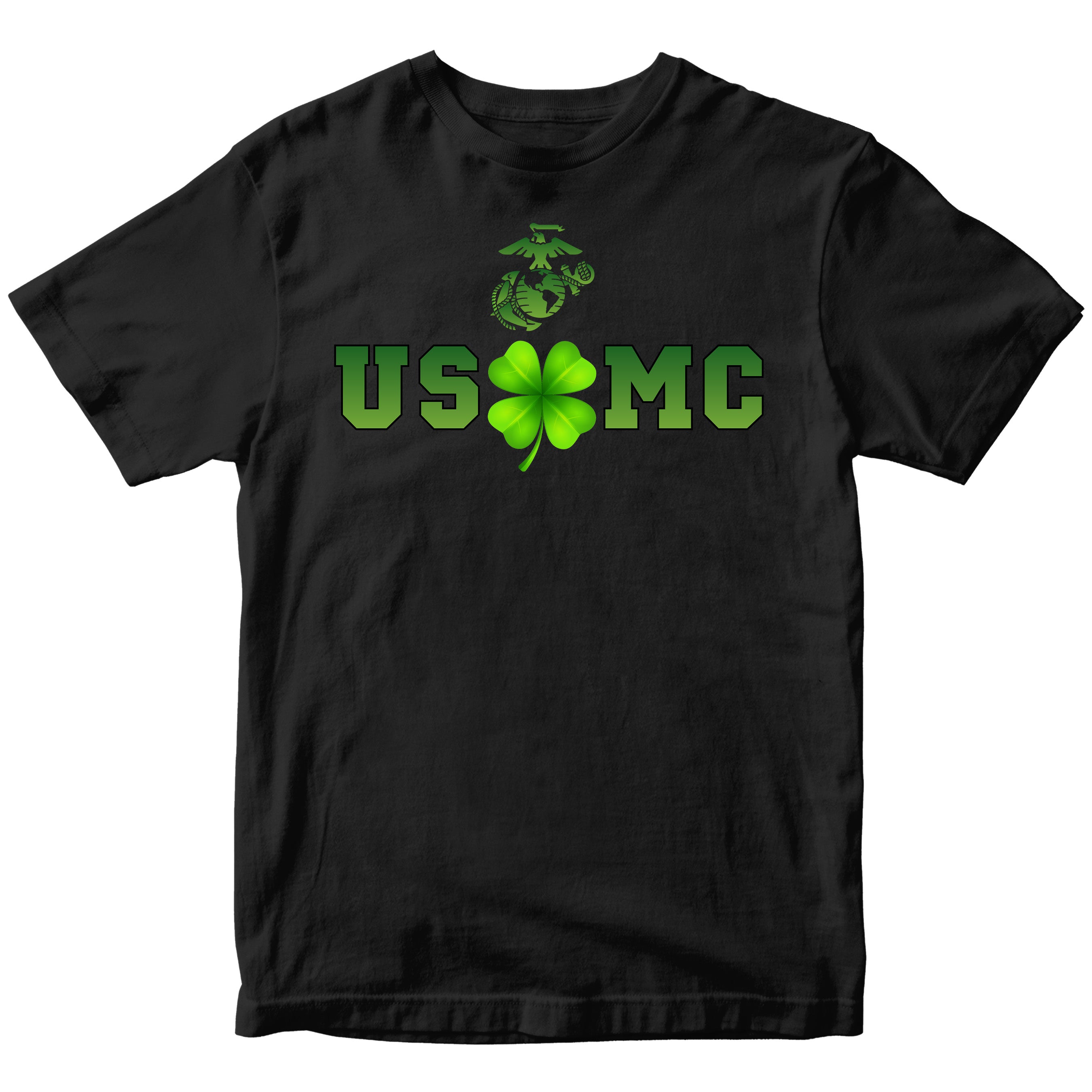 Black USMC St. Patrick’s Day T-shirt with shamrock graphic and Eagle Globe and Anchor.